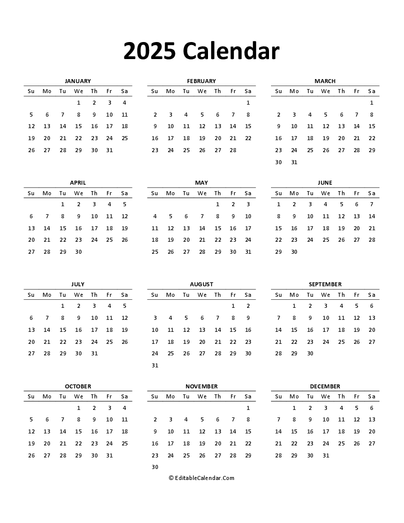 Free Printable Calendar 2025 Word Template