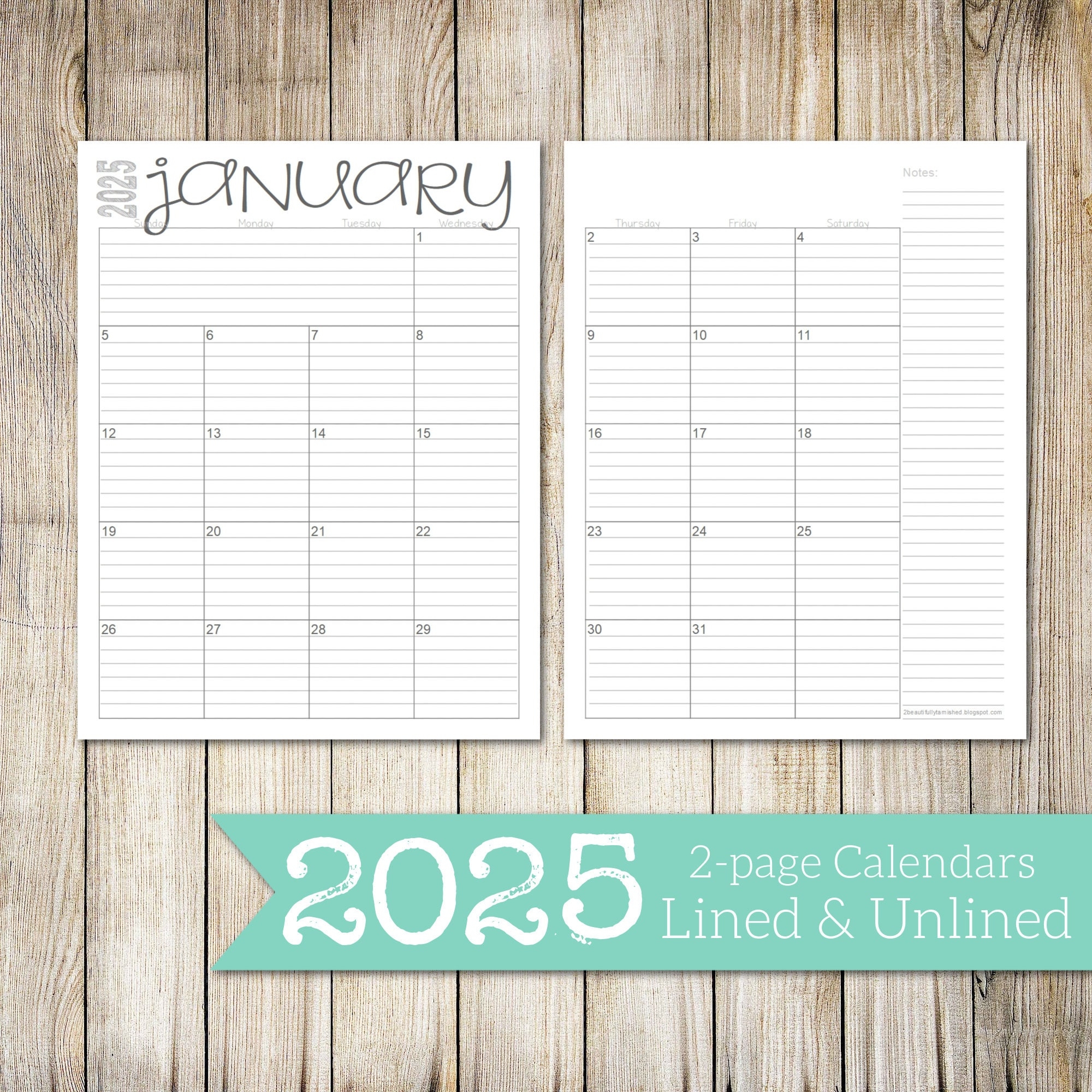 2025 Lined U0026 Unlined 2 page Monthly Calendars 8 5x11 Jan Dec 