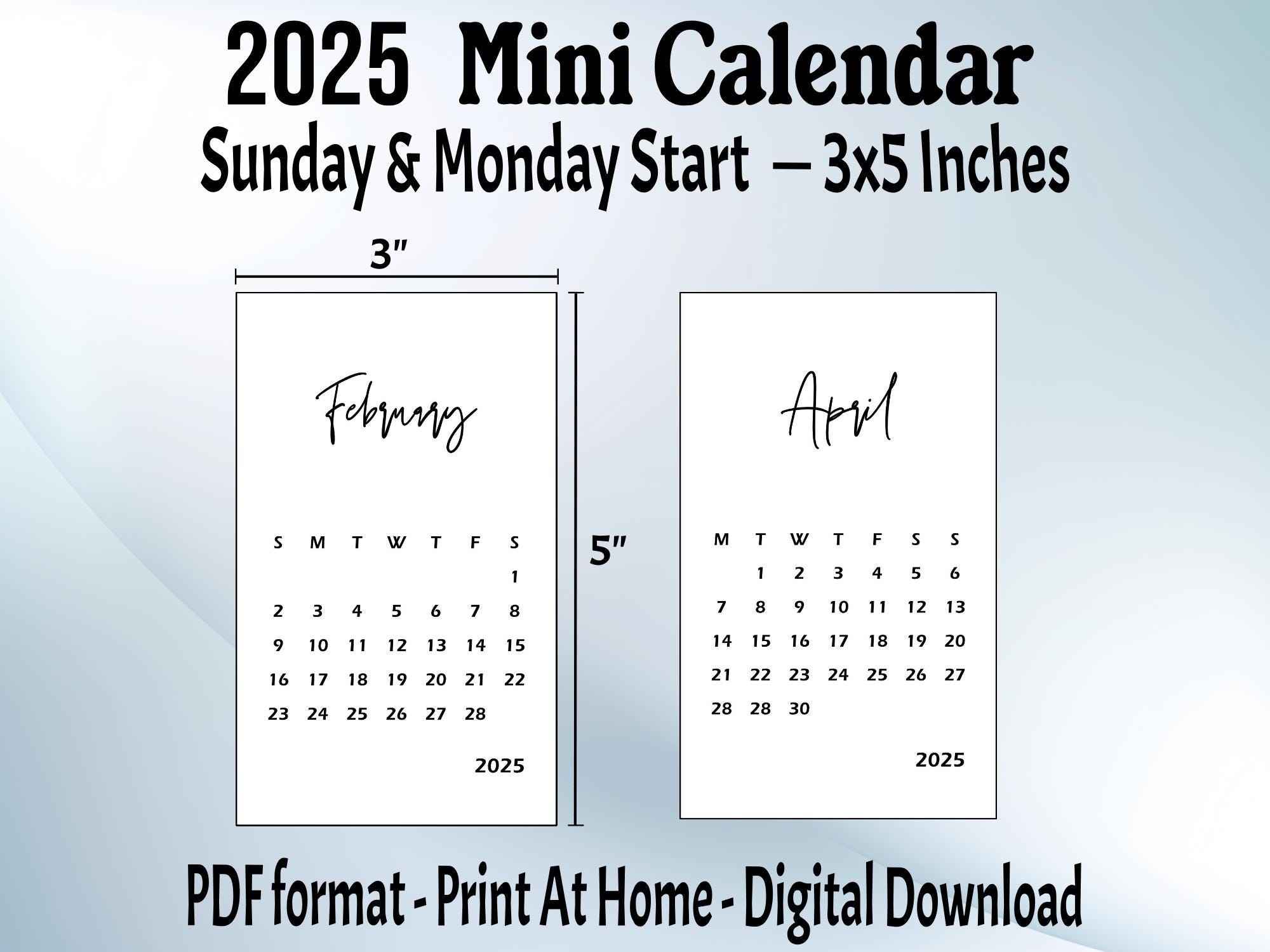 2025 Mini Calendar Printable PDF 3 X 5 Inches Small Calendar 