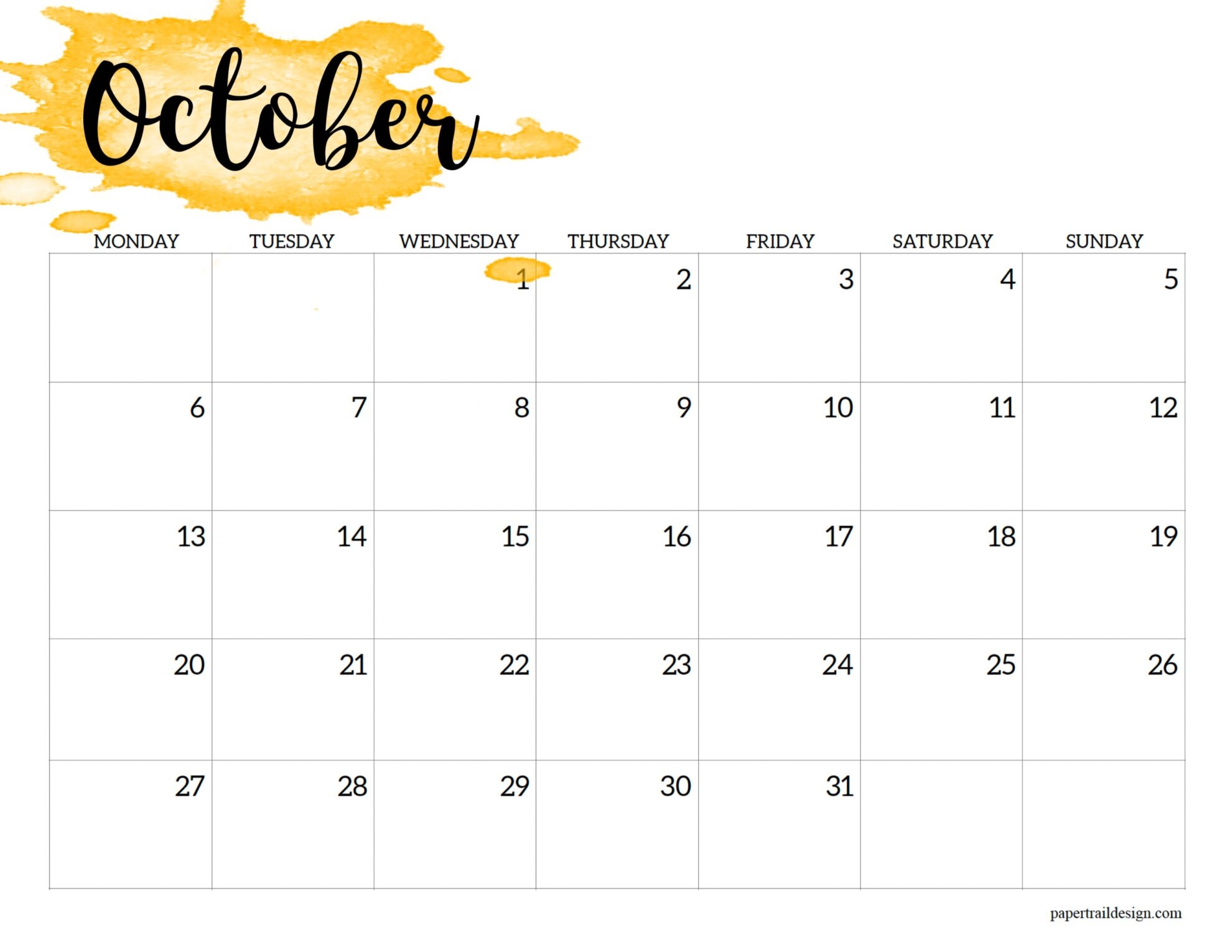 2025 Monday Start Calendar Printable Watercolor Paper Trail Design