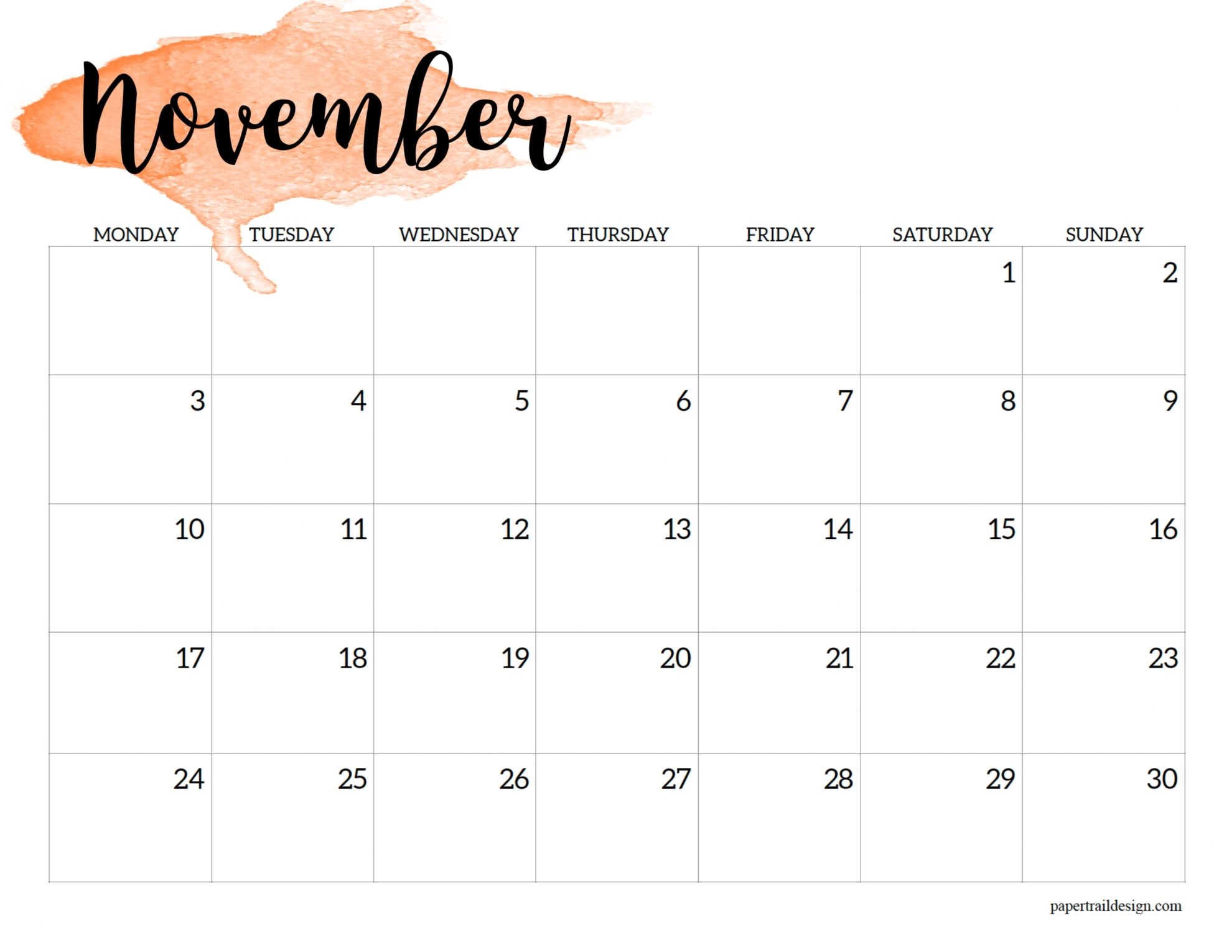 2025 Monday Start Calendar Printable Watercolor Paper Trail Design