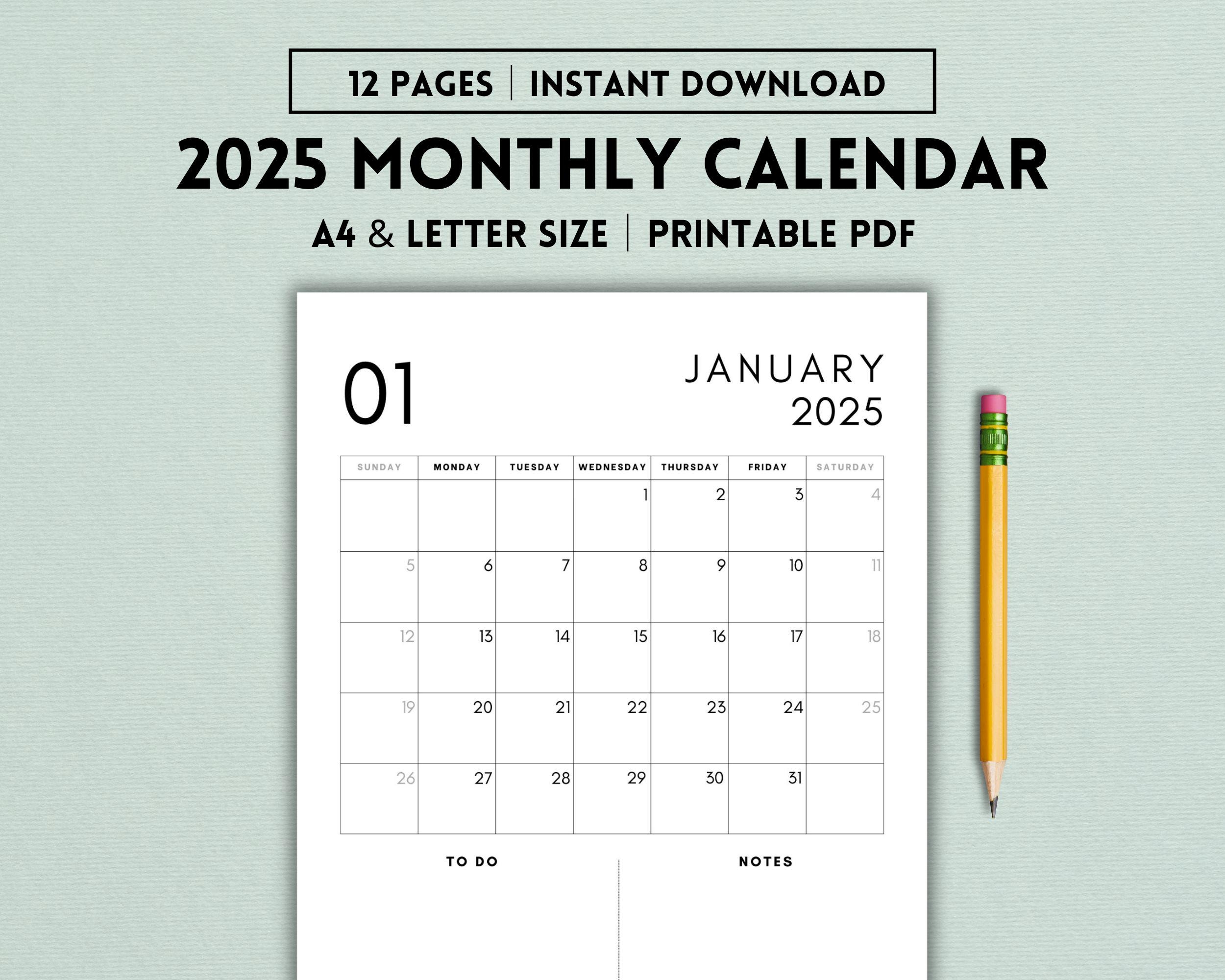 2025 Monthly Calendar Printable 2025 Planner 2025 Desk Calendar 2025 Wall Calendar Vertical Calendar Minimalist Instant Download Etsy
