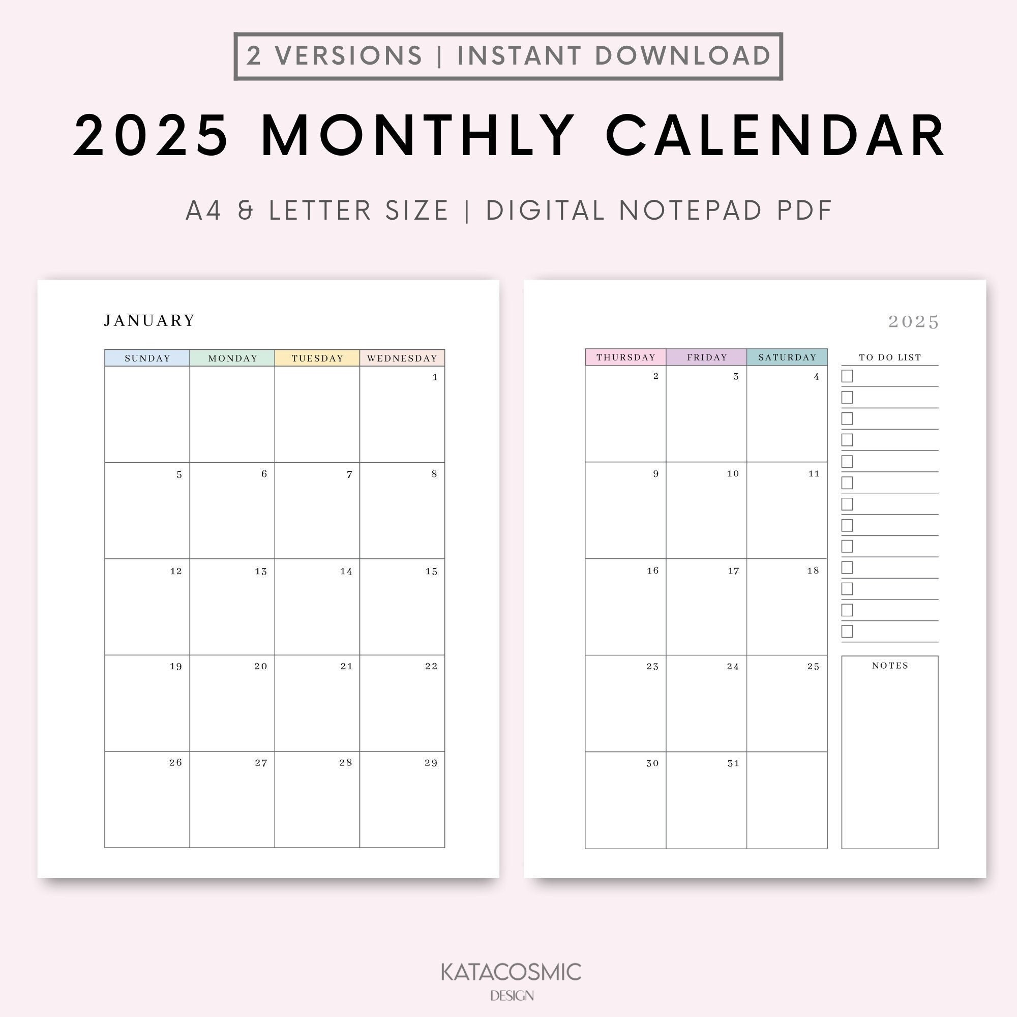 2025 Monthly Calendar Printable Two Page Per Month Planner 2025 