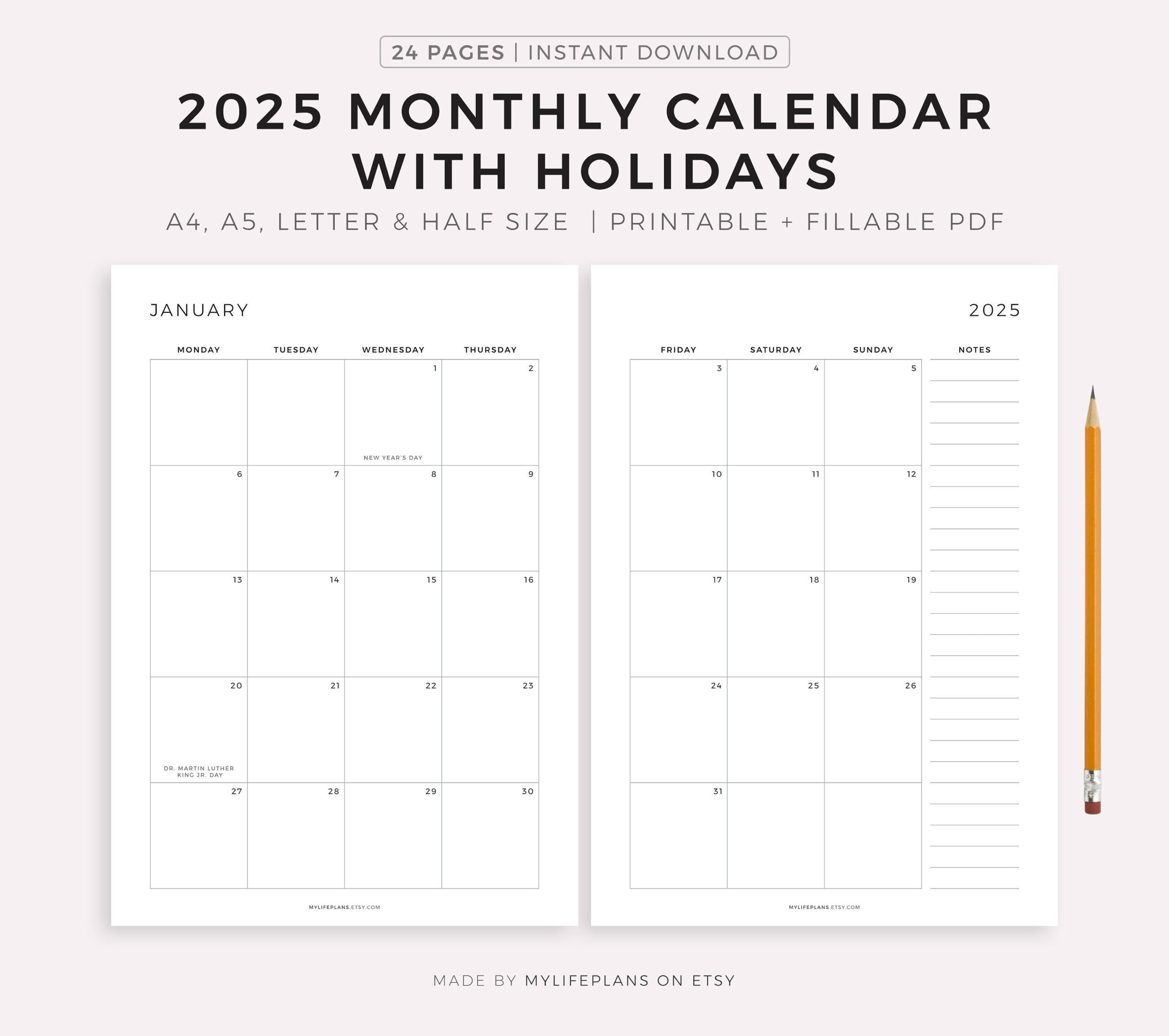 2025 Monthly Calendar With Holidays On 2 Pages Printable Calendar Template Year Calendar Minimalist Calendar Vertical A4 a5 letter half Etsy UK