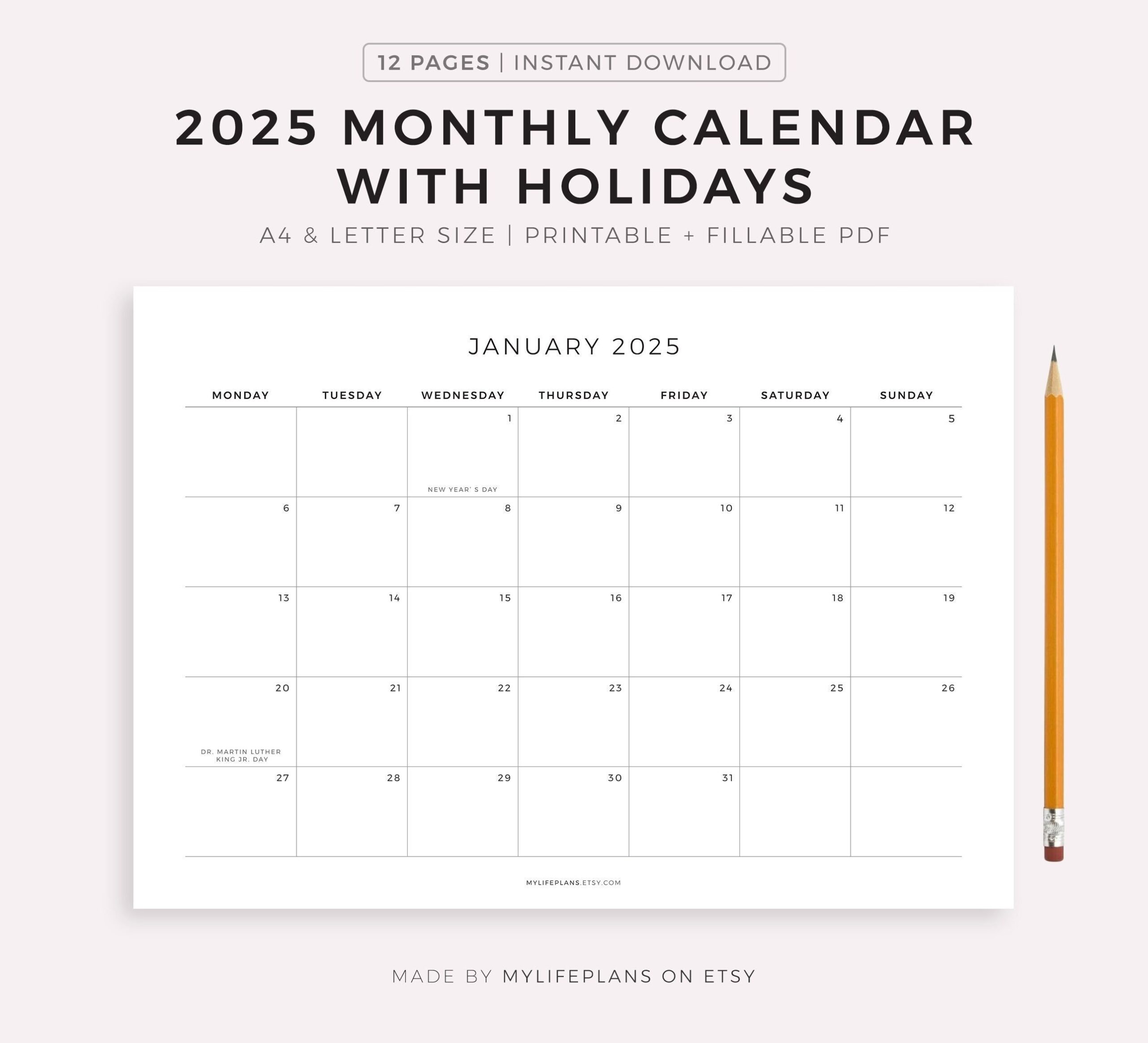 2025 Monthly Calendar With Holidays Printable Calendar Template Landscape Minimalist Calendar Year Calendar Instant Download A4 letter Etsy Australia
