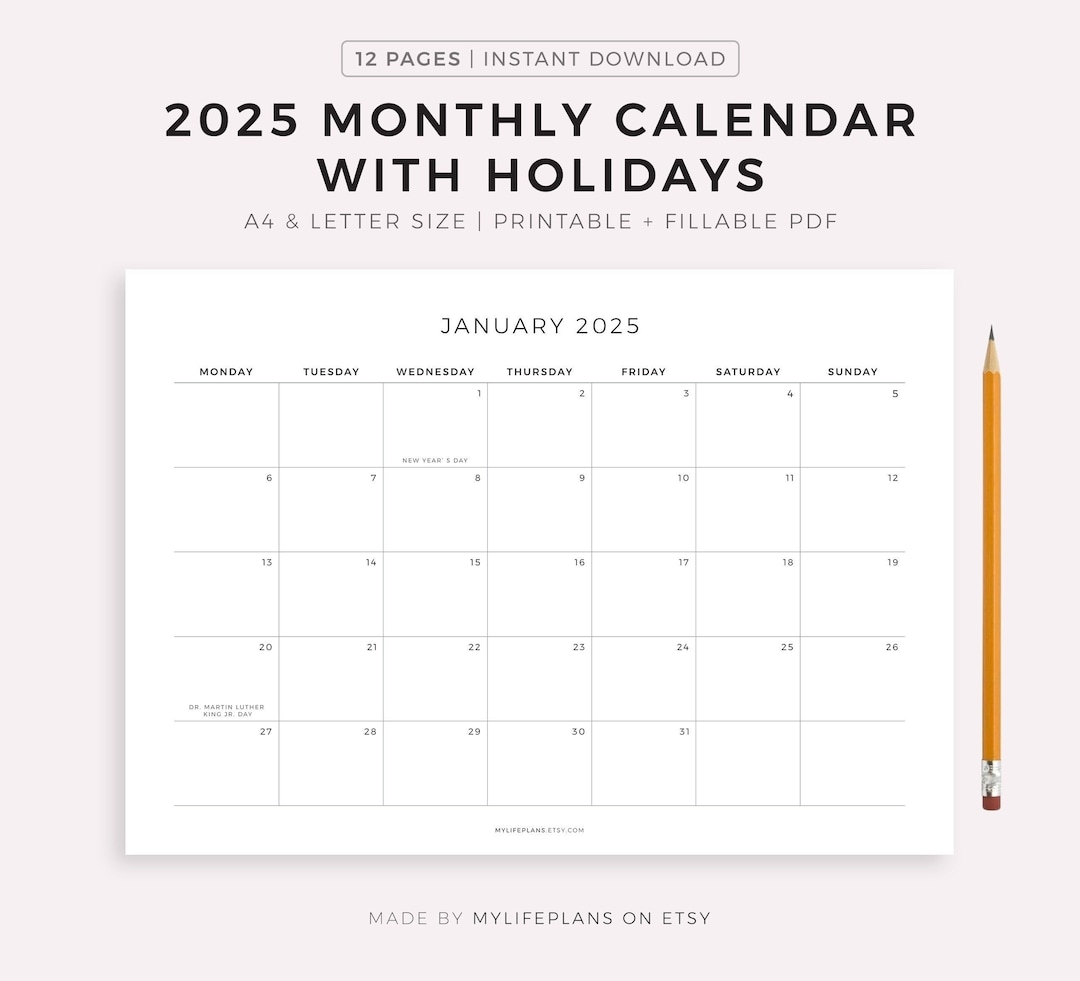 2025 Monthly Calendar With Holidays Printable Calendar Template 
