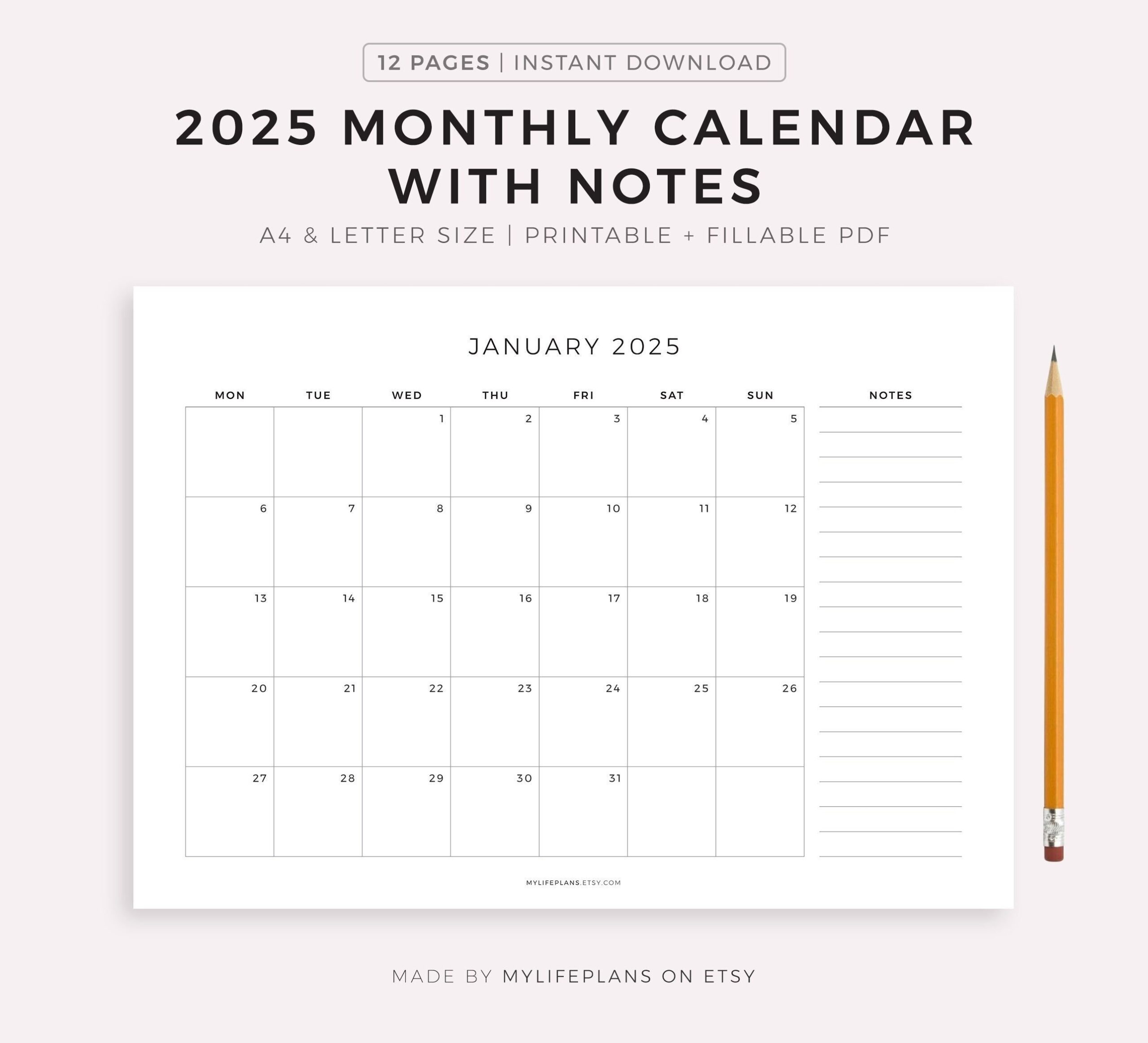 2025 Monthly Calendar With Notes Landscape Printable Calendar 