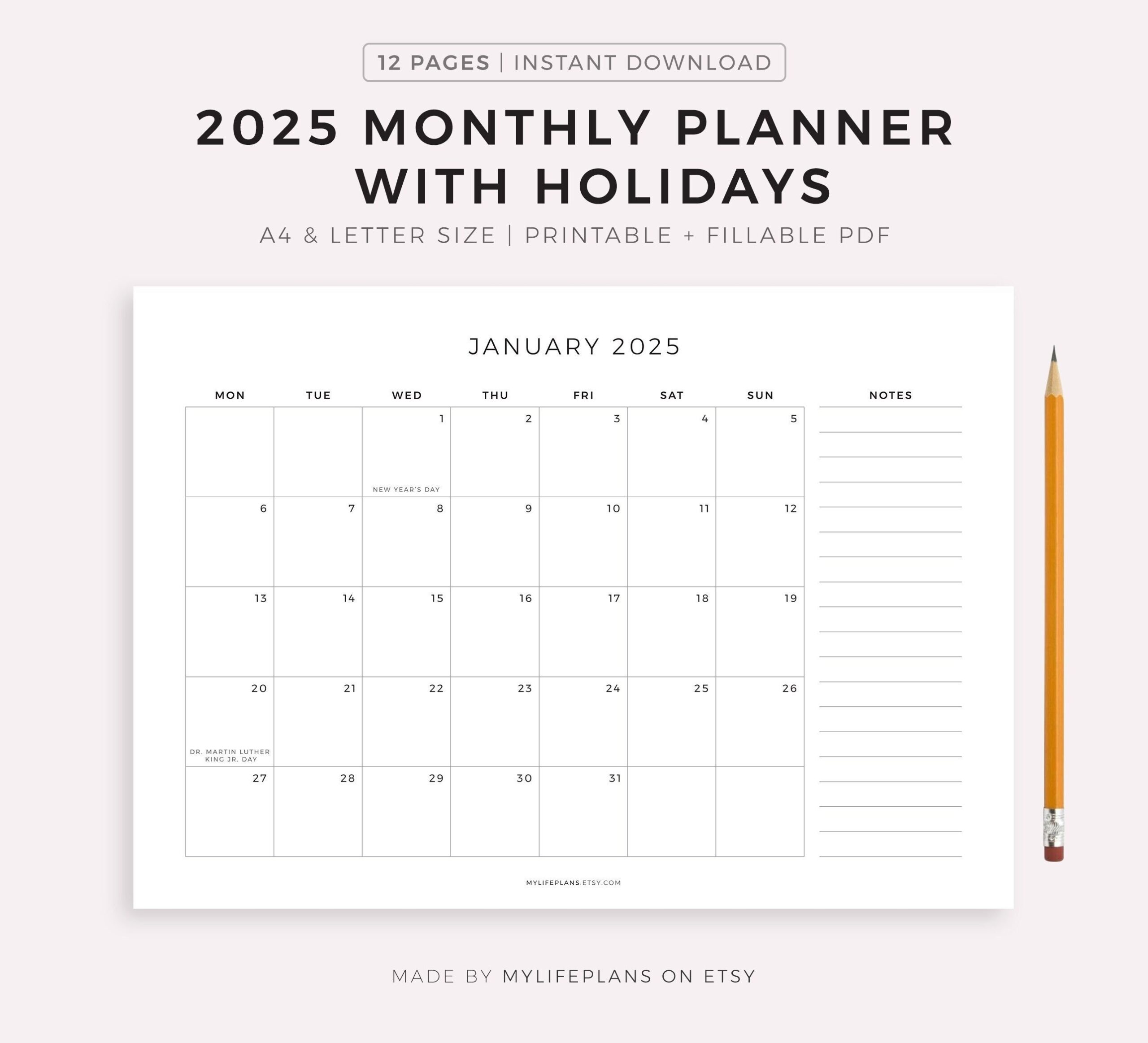 2025 Monthly Planner With Holidays Monthly Organizer Month At A Glance 2025 Calendar A4 letter Landscape Printable U0026 Fillable PDF Etsy
