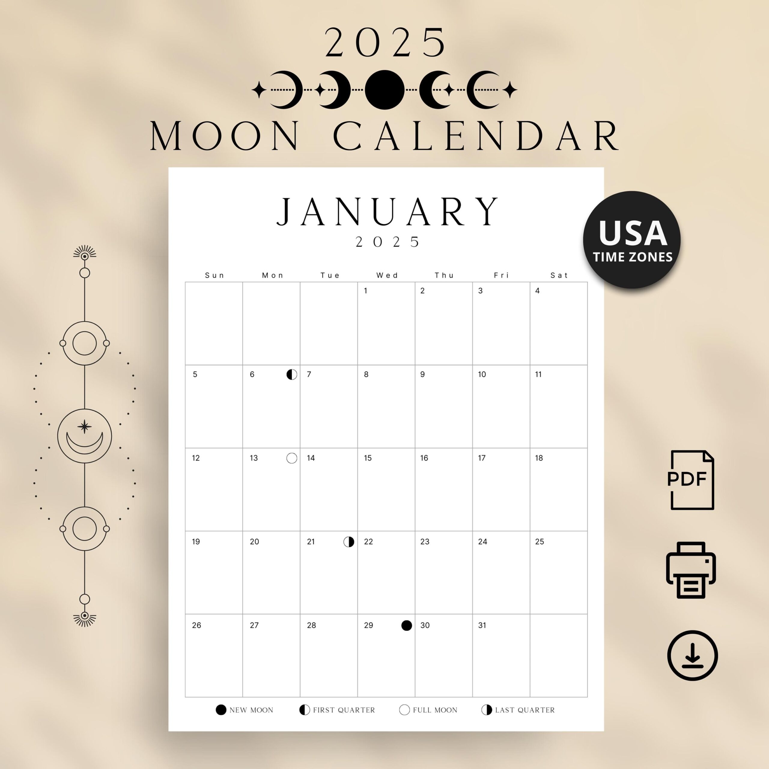 2025 Moon Calendar 2025 Lunar Calendar Printable PDF Full Moon Desk Calendar 2025 USA Time Zones LUXE Wall Moon Phases Calendar Moon Planner Etsy