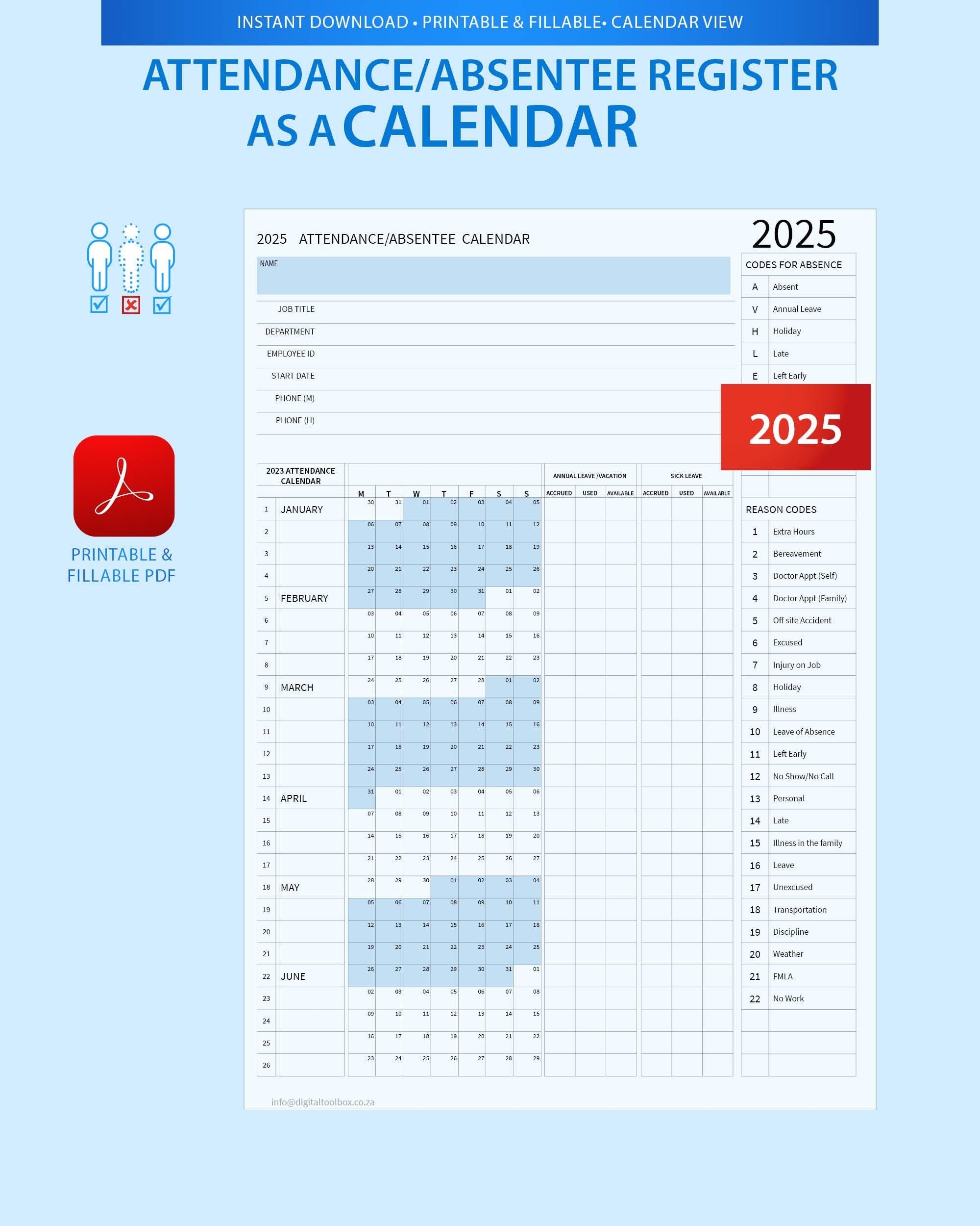 2025 PDF Attendance Absentee Calendar tracker For HR School Management Or Small Businesses Etsy