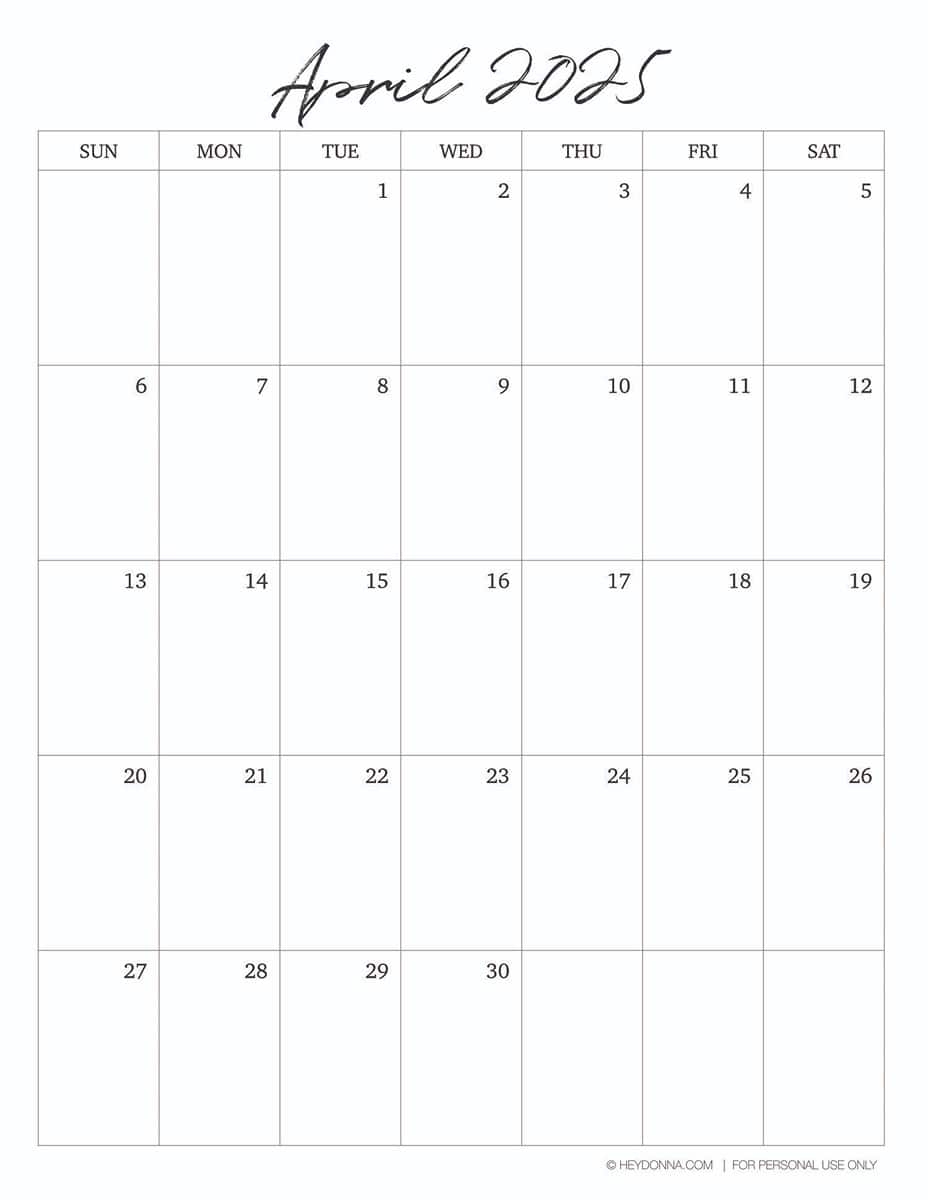 2025 Printable April Calendar FREE Hey Donna 