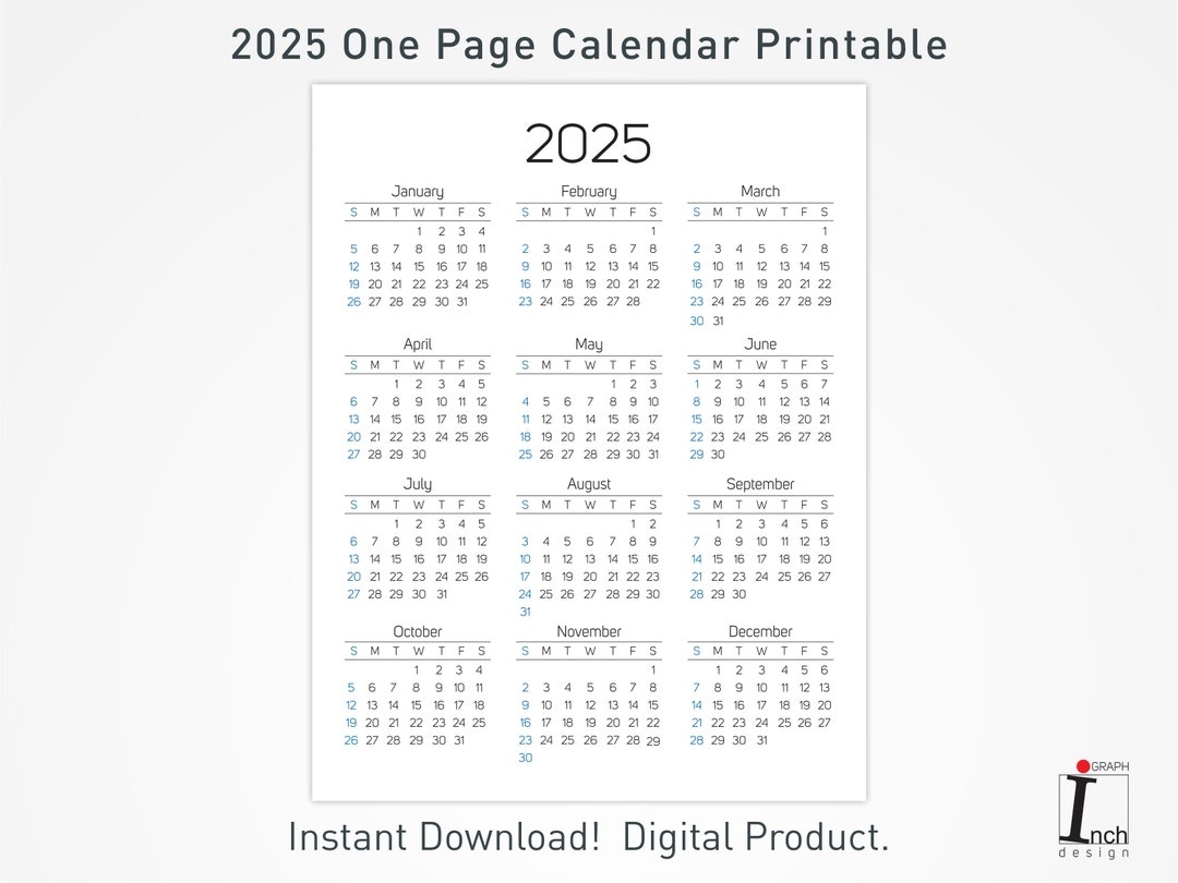 2025 Printable Calendar 12 Months One Page Calendar Wall Calendar 2025 Desk Calendar Minimalist Home Calendar Decoration Etsy