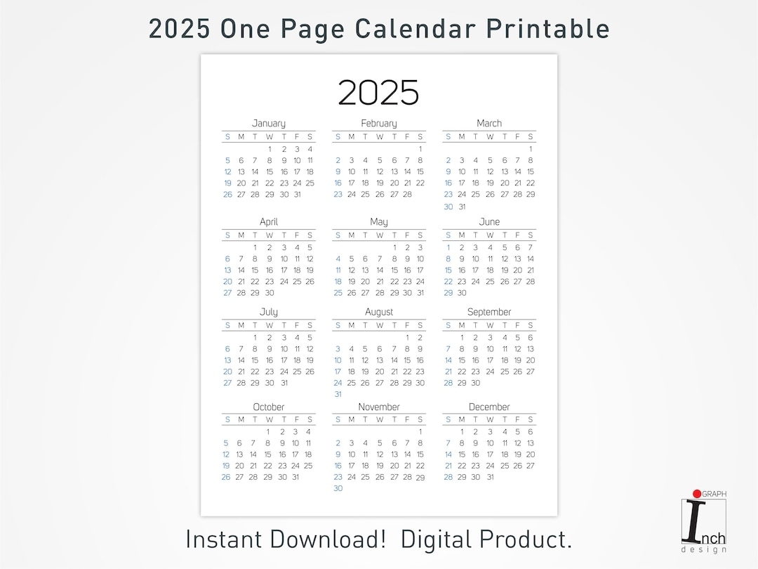 2025 Printable Calendar 12 Months One Page Calendar Wall Calendar 2025 Desk Calendar Minimalist Home Calendar Decoration Etsy