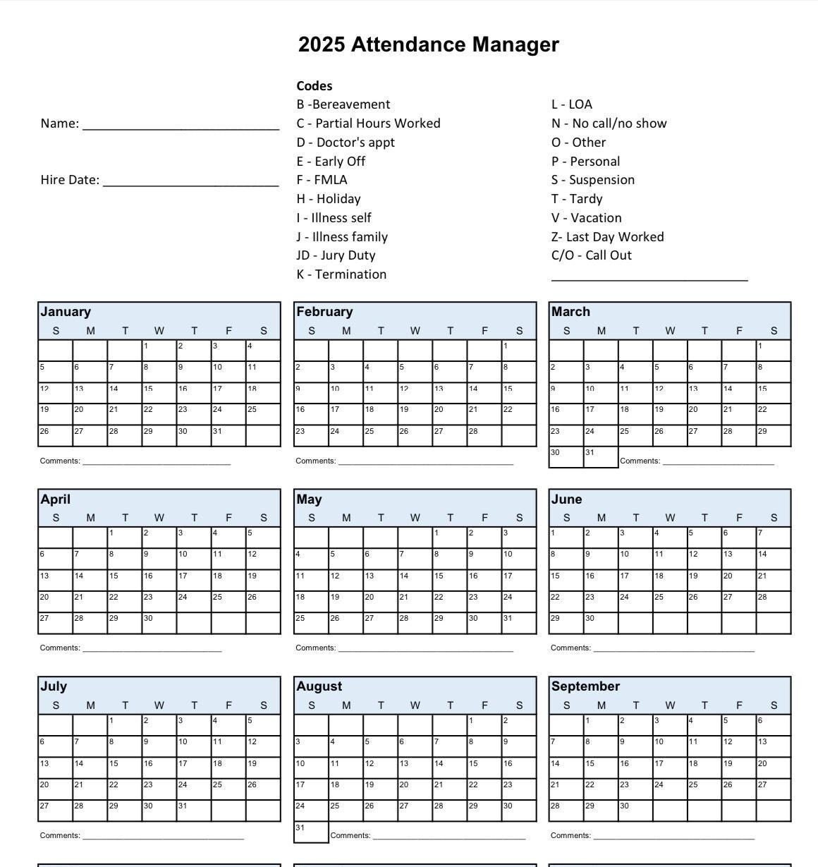 2025 Printable Calendar For Employee Attendance School PTO Schedule Time Off Tracker Small Business Data Vacation Tracker Days Off Etsy