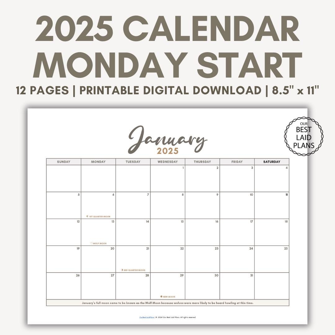 2025 Printable Calendar PDF Monday Start Calendar For 2025 Digital Download Simple Calendar For 2025 Monday Start Etsy