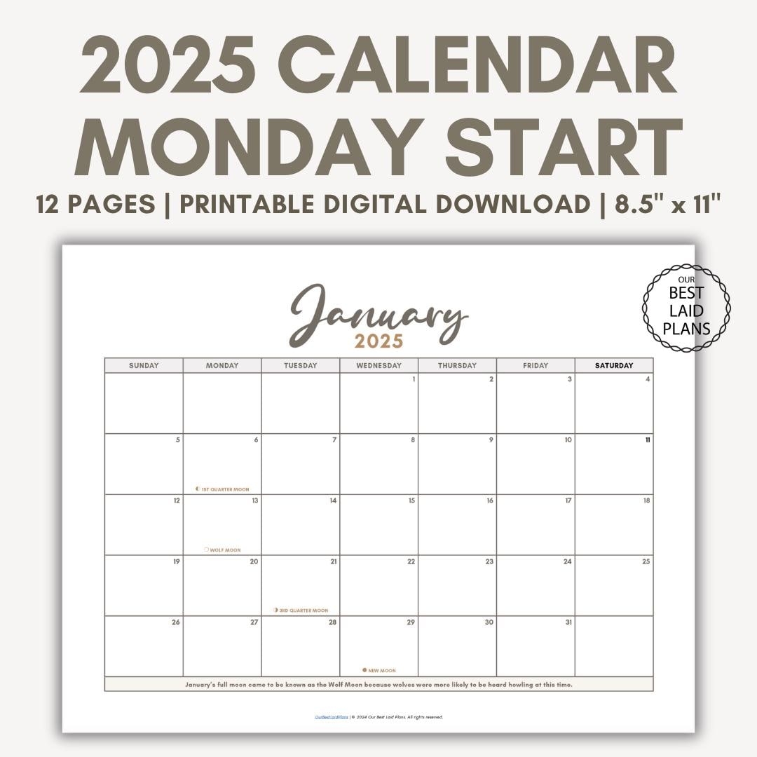 2025 Printable Calendar PDF Monday Start Calendar For 2025 Digital Download Simple Calendar For 2025 Monday Start Etsy