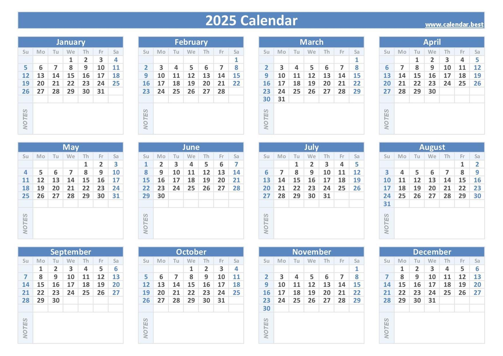 Free Printable 2025 Calendar With Notes