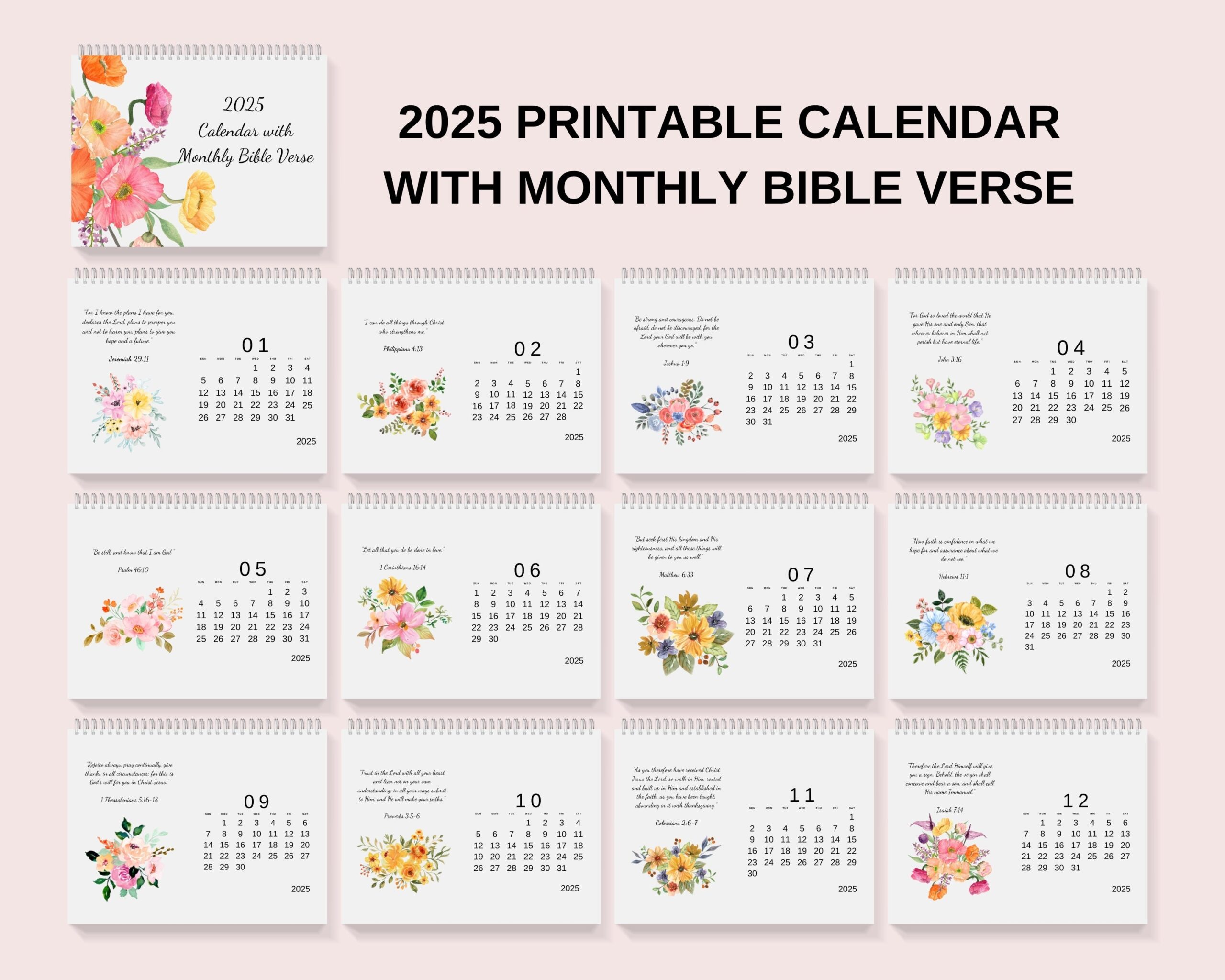 2025 Printable Monthly Calendar With Bible Verse And Watercolor Flower Arrangement Design Desk Calendar Wall Calendar Digital Downloads Etsy
