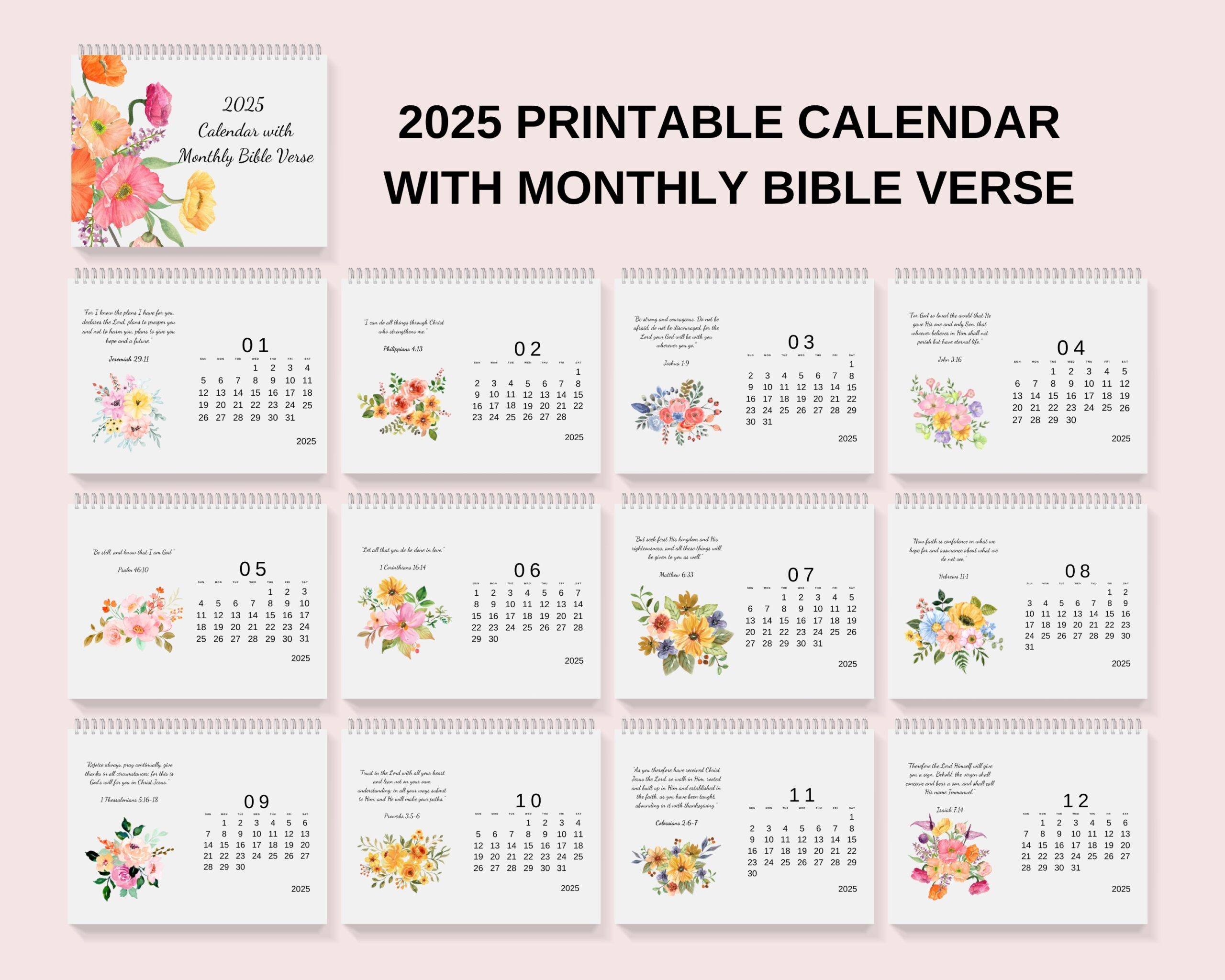 2025 Printable Monthly Calendar With Bible Verse And Watercolor Flower Arrangement Design Desk Calendar Wall Calendar Digital Downloads Etsy