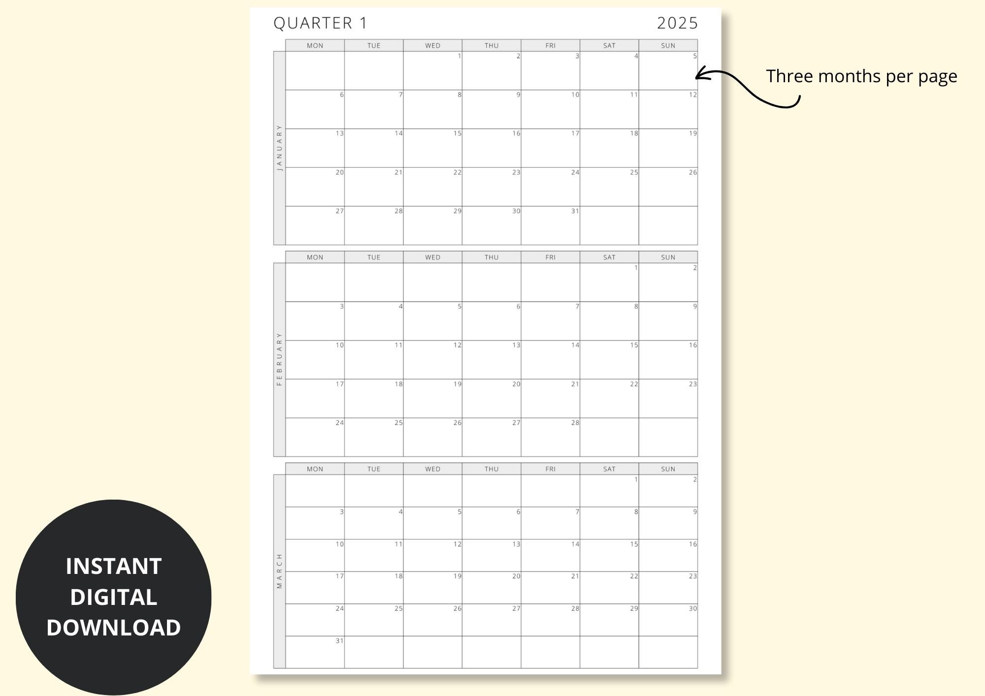 2025 Quarterly Calendar 3 Months Per Page 2025 Monthly Calendar Monthly Overview Yearly Planner Printable digital PDF A3 a4 a5 letter Etsy
