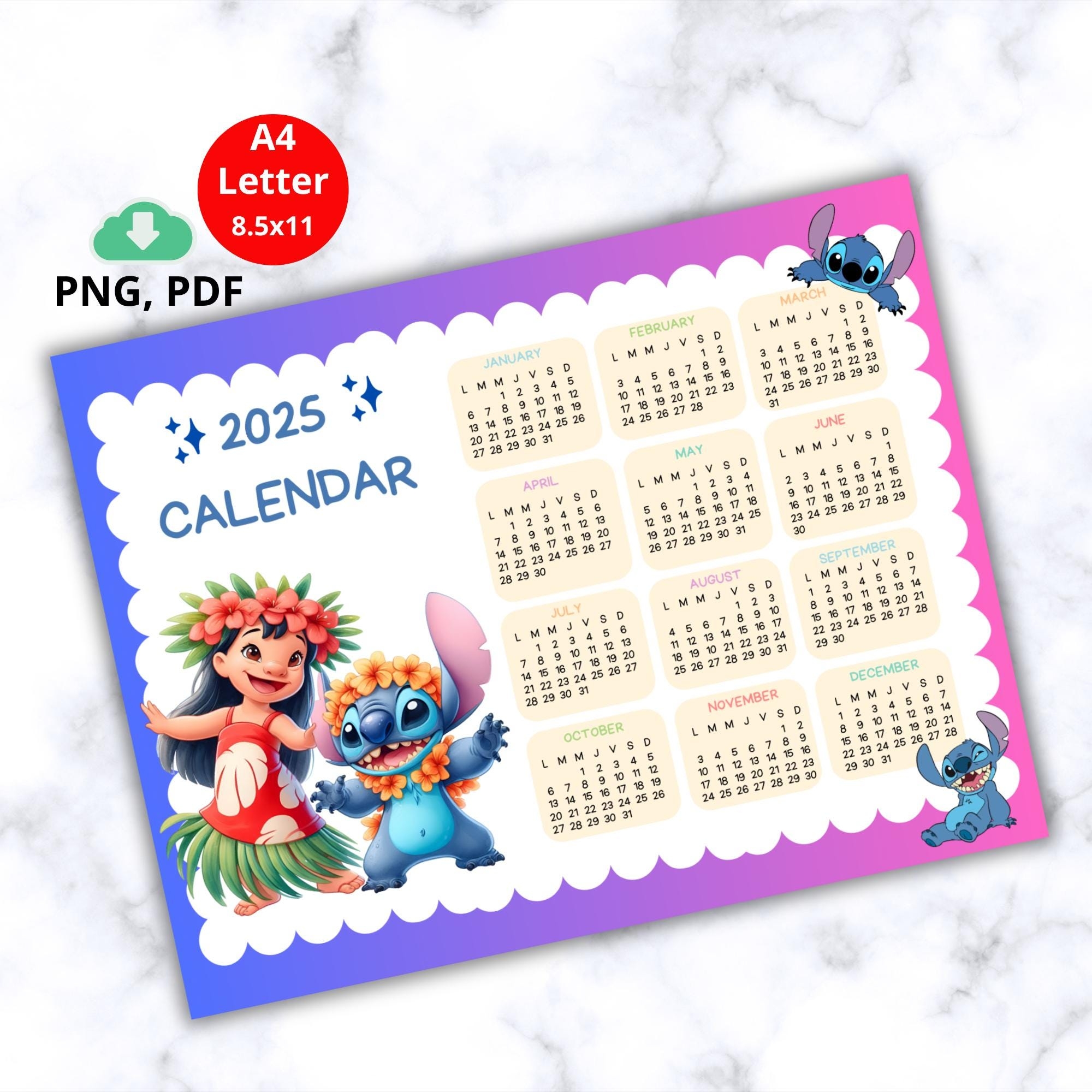 2025 Stitch Theme Digital Calendar In English Digital Download Print Made With Love Etsy