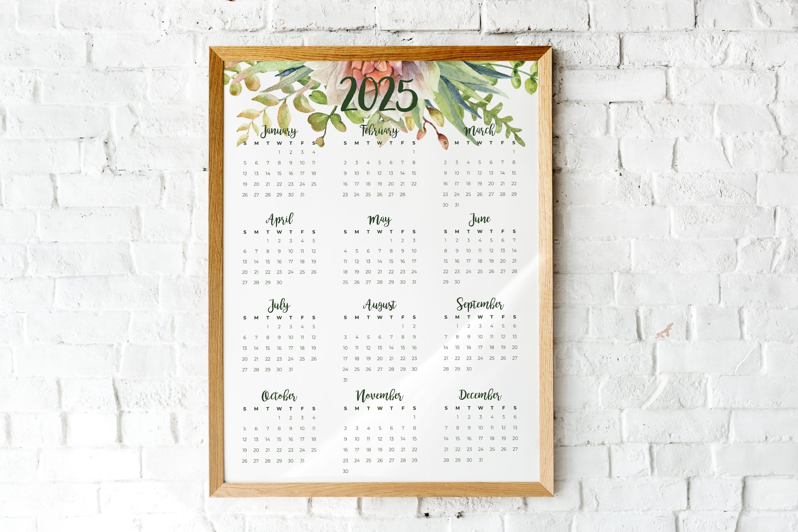 2025 Succulent Cactus At a Glance Printable Calendar Instant Digital Download