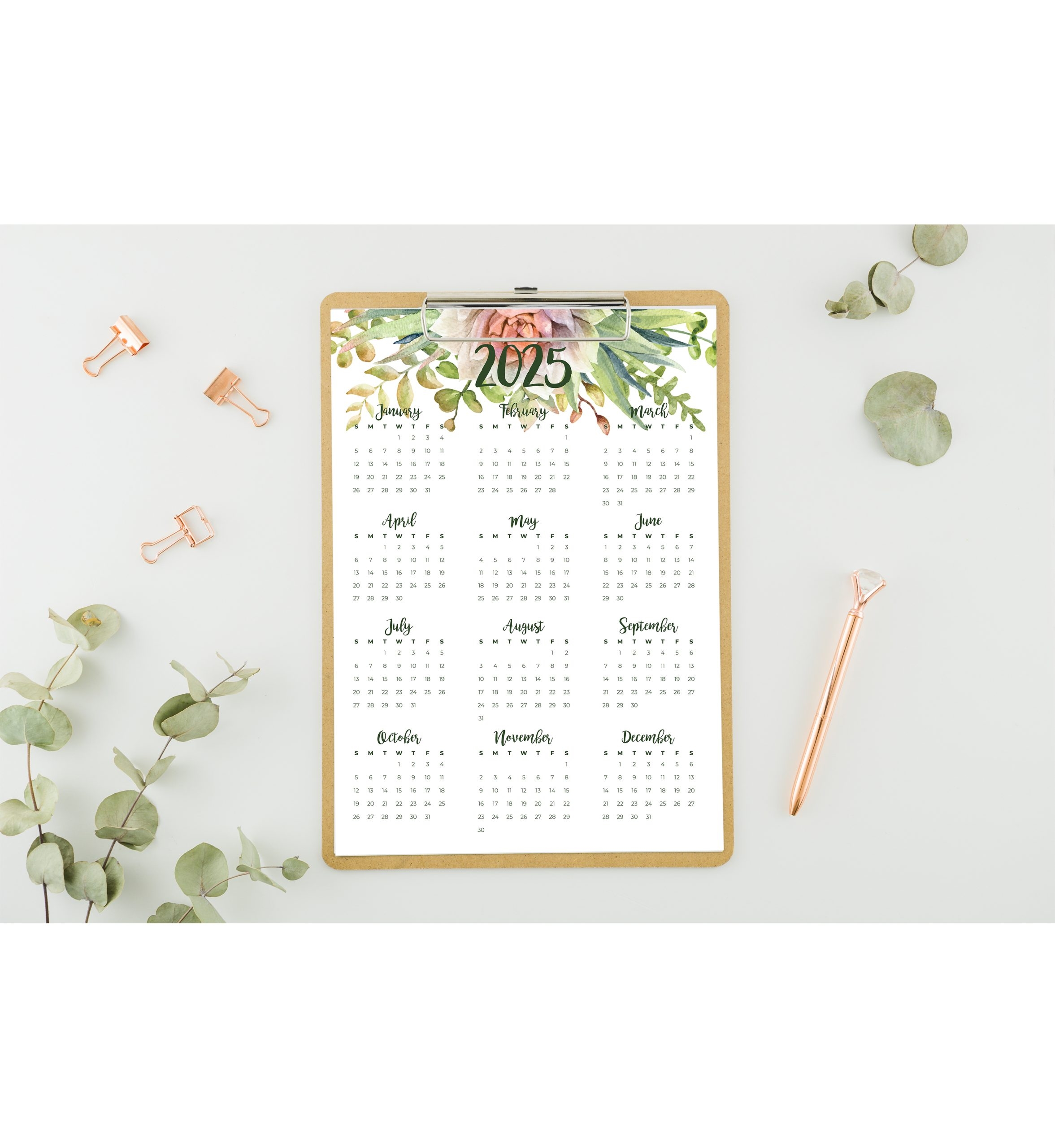 2025 Succulent Cactus At a Glance Printable Calendar Instant Digital Download
