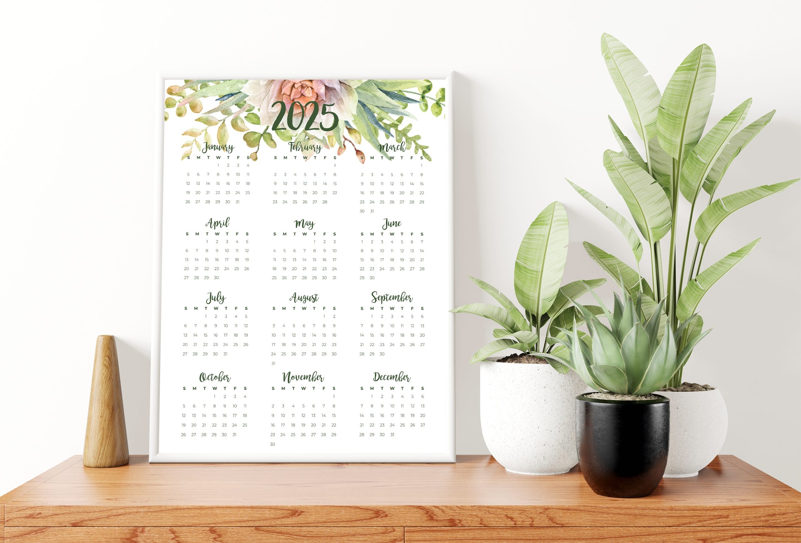 2025 Succulent Cactus At a Glance Printable Calendar Instant Digital Download