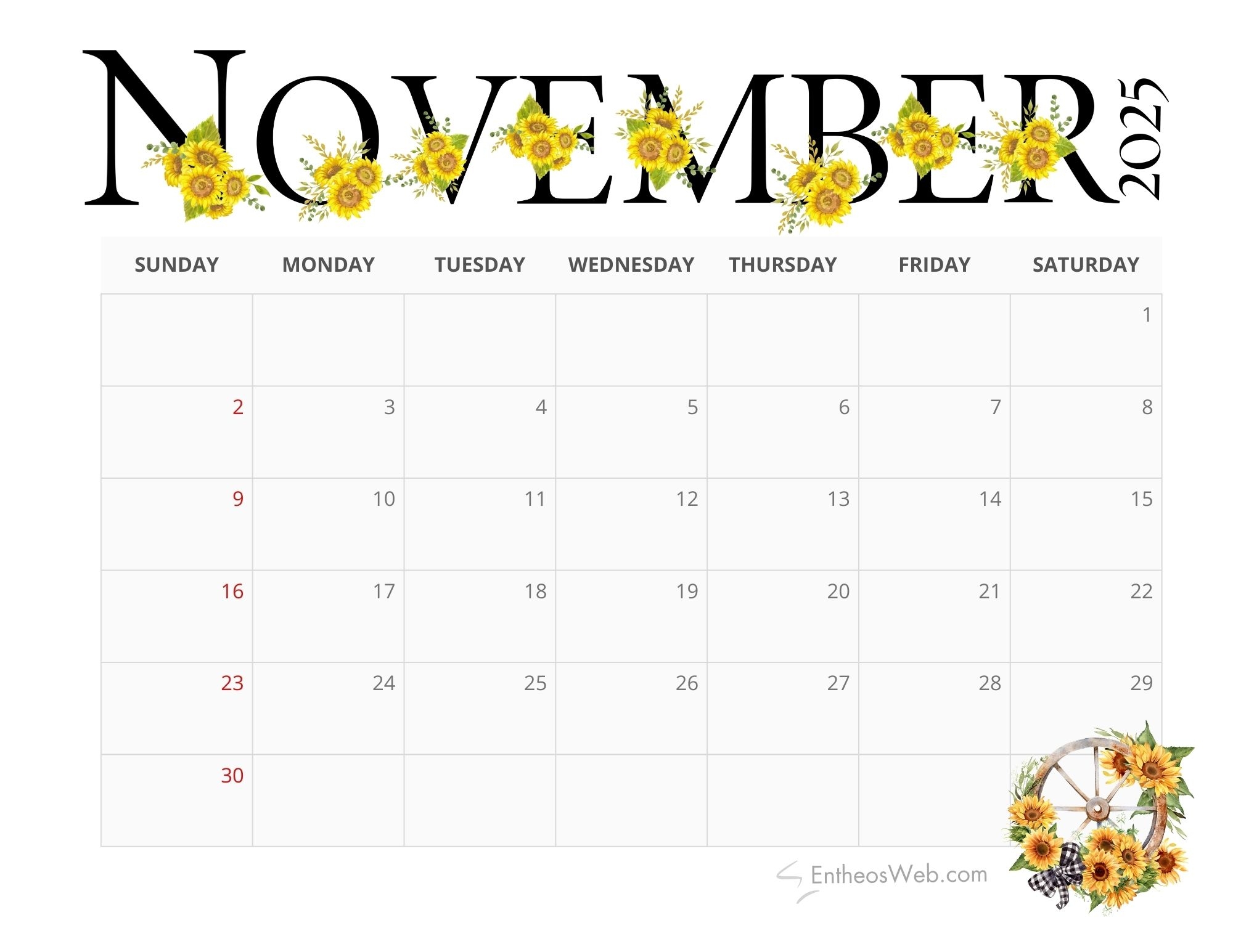 2025 Sunflowers Calendar PDF Printable EntheosWeb