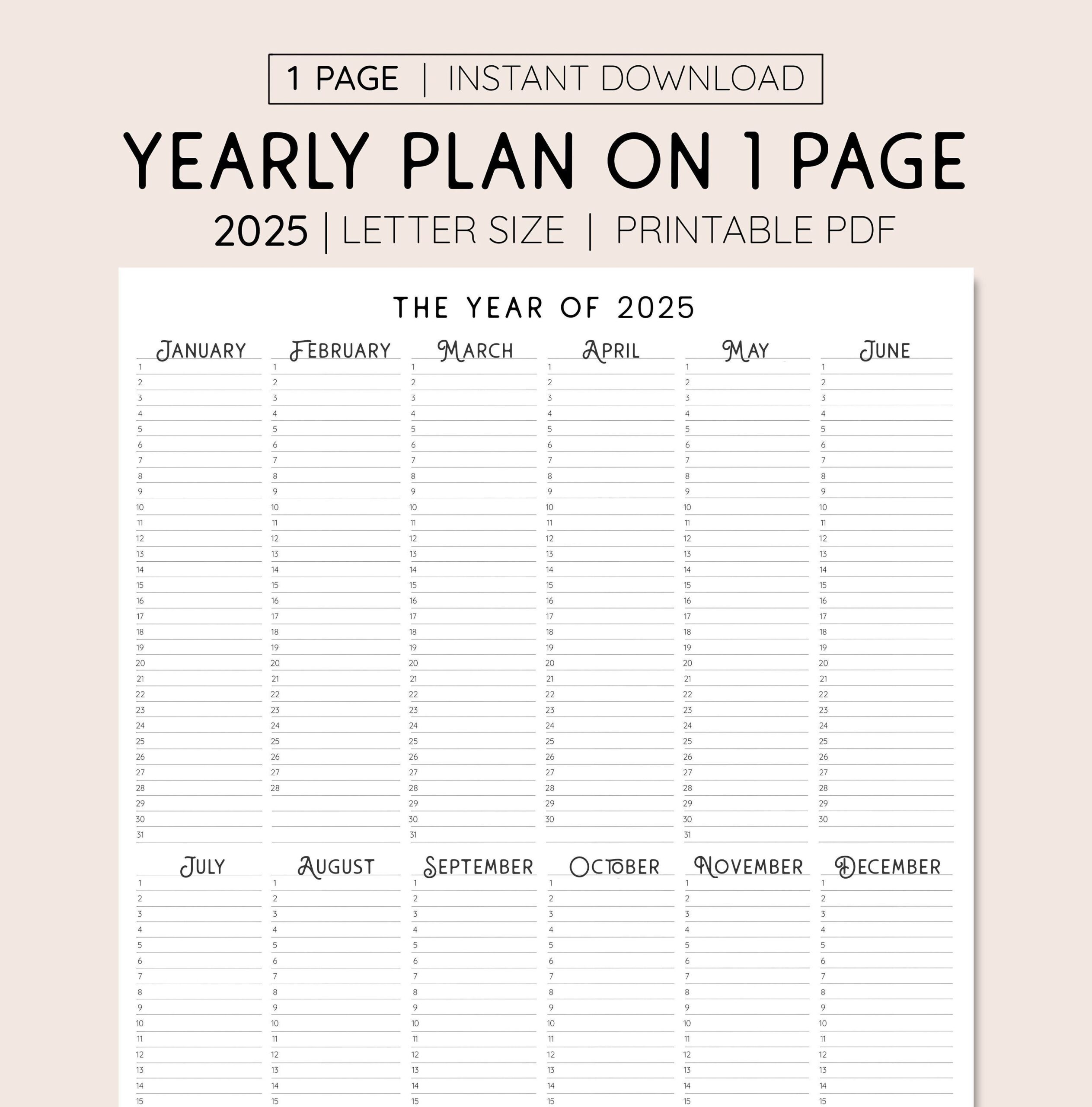 2025 Year At A Glance INSTANT DOWNLOAD Yearly Overview 
