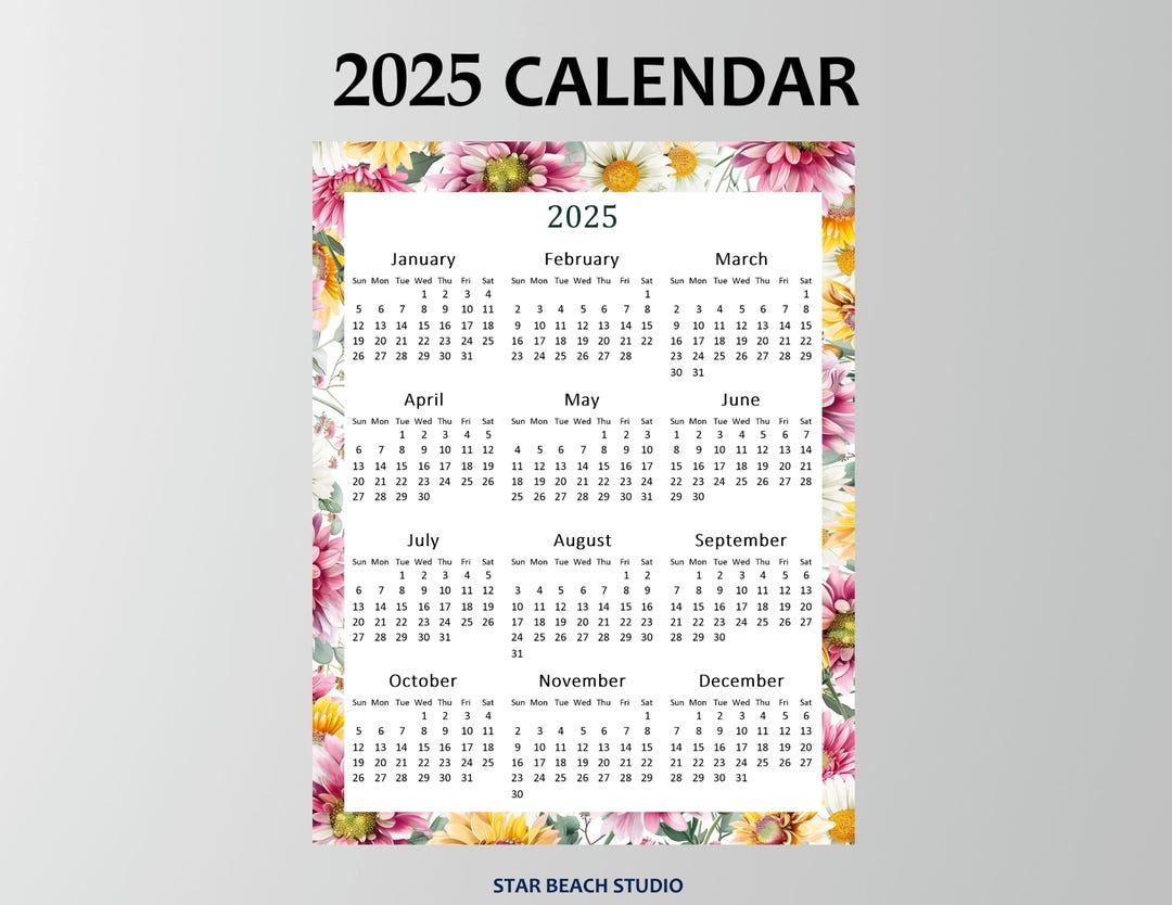 2025 Year Calendar Printable Year At A Glance 2025 Floral Wall Calendar Office Wall Desk year Overview Letter a4 Size 8x10 4 X6 11x17 Etsy