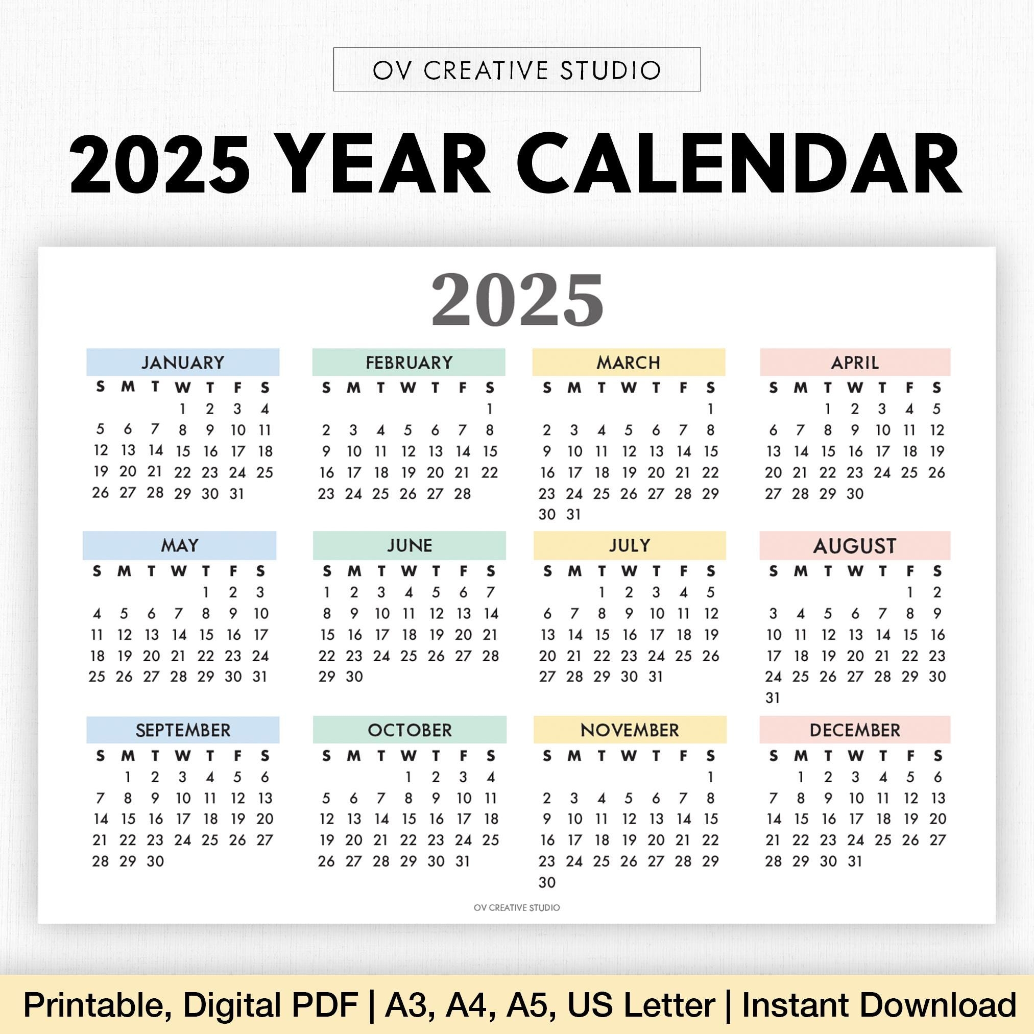 2025 Year Calendar Printable Year At A Glance Digital Download 