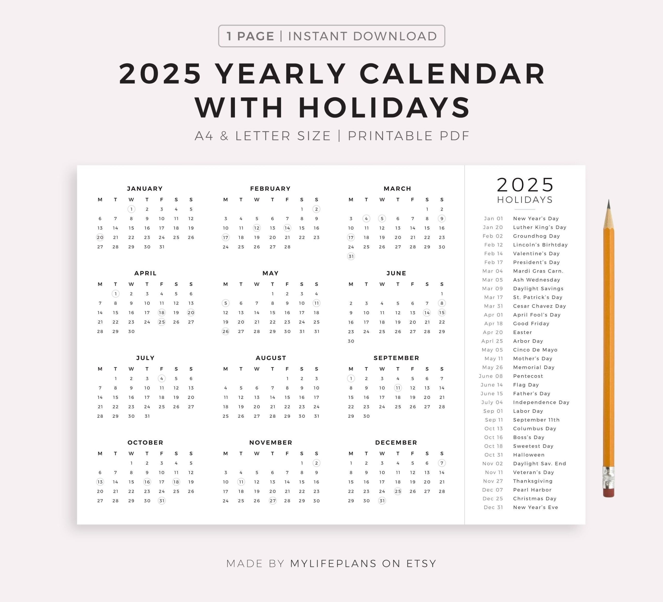 2025 Year Calendar With Holidays On One Page Printable Landscape 