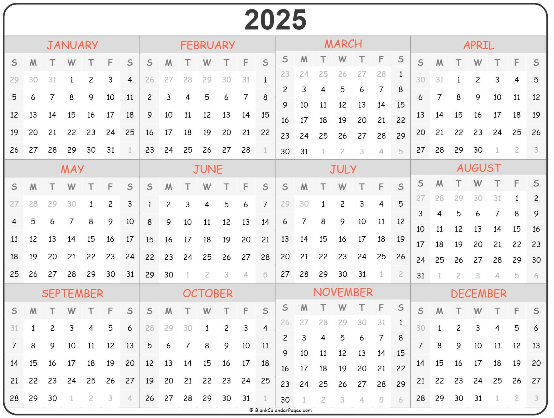 Free Printable 12 Month Calendar On One Page 2025 Blank