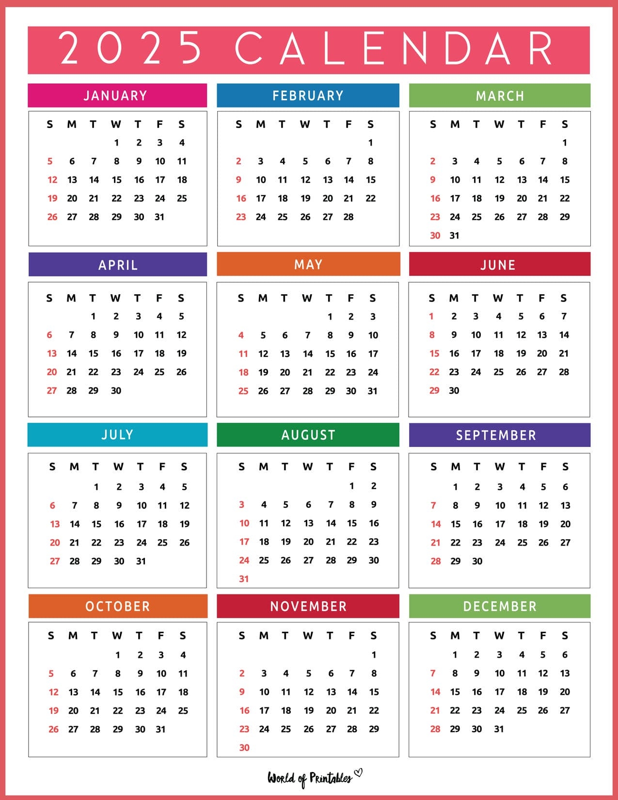 2025 12 Month Calendar On One Page Printable