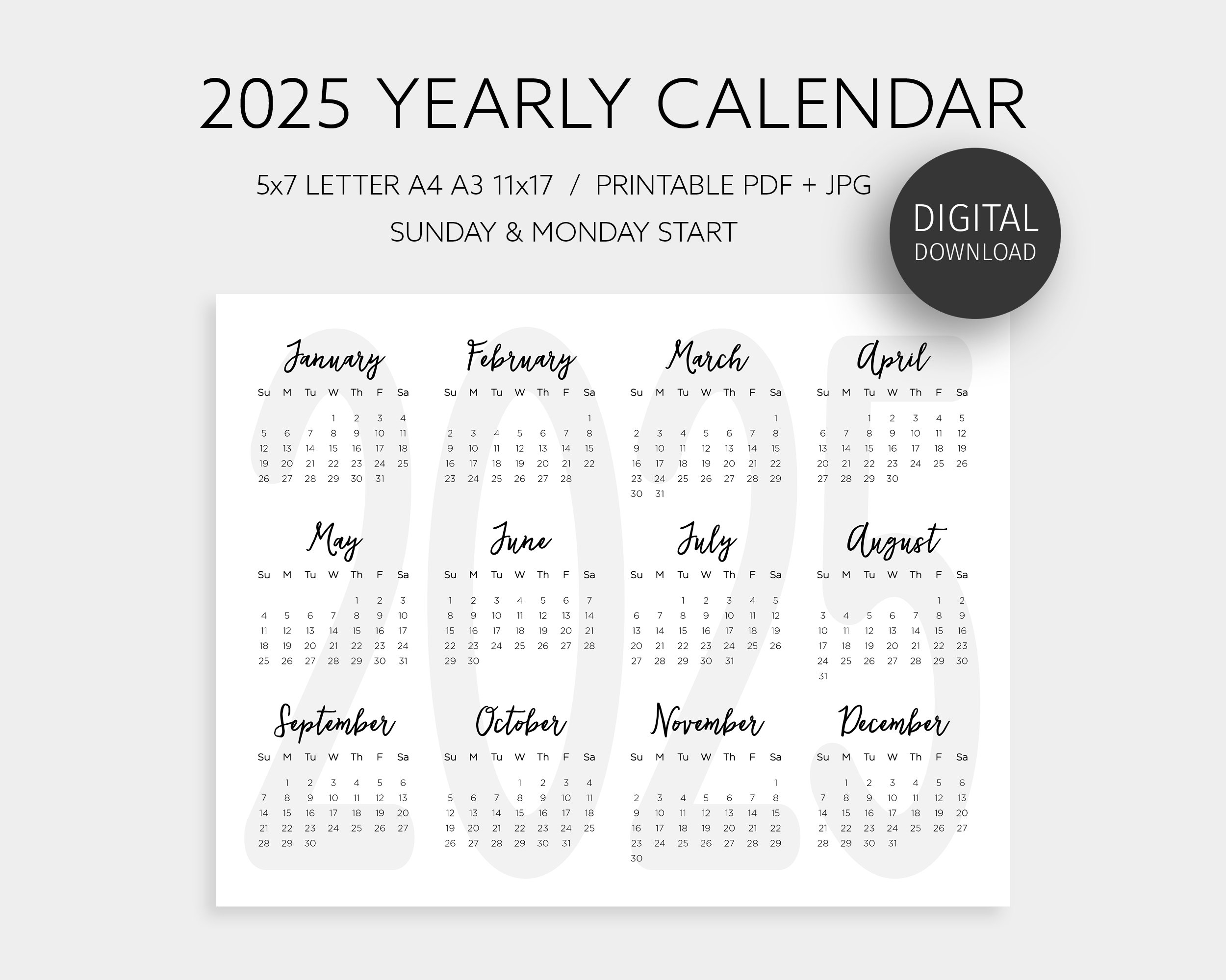 2025 Yearly Calendar One Page Printable Calendar Year At A 