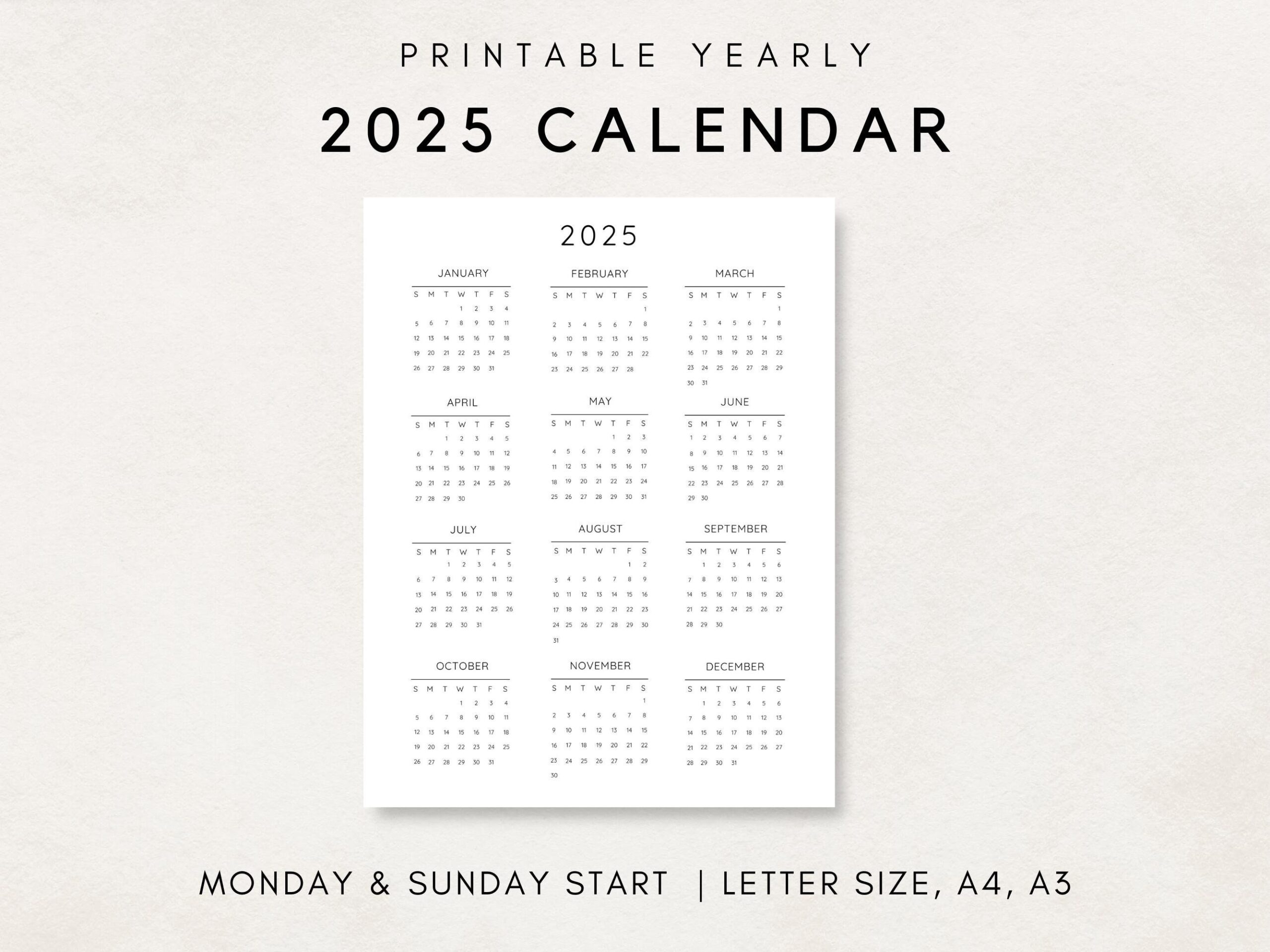 2025 Yearly Calendar Printable Calendar 2025 Calendar 2025 