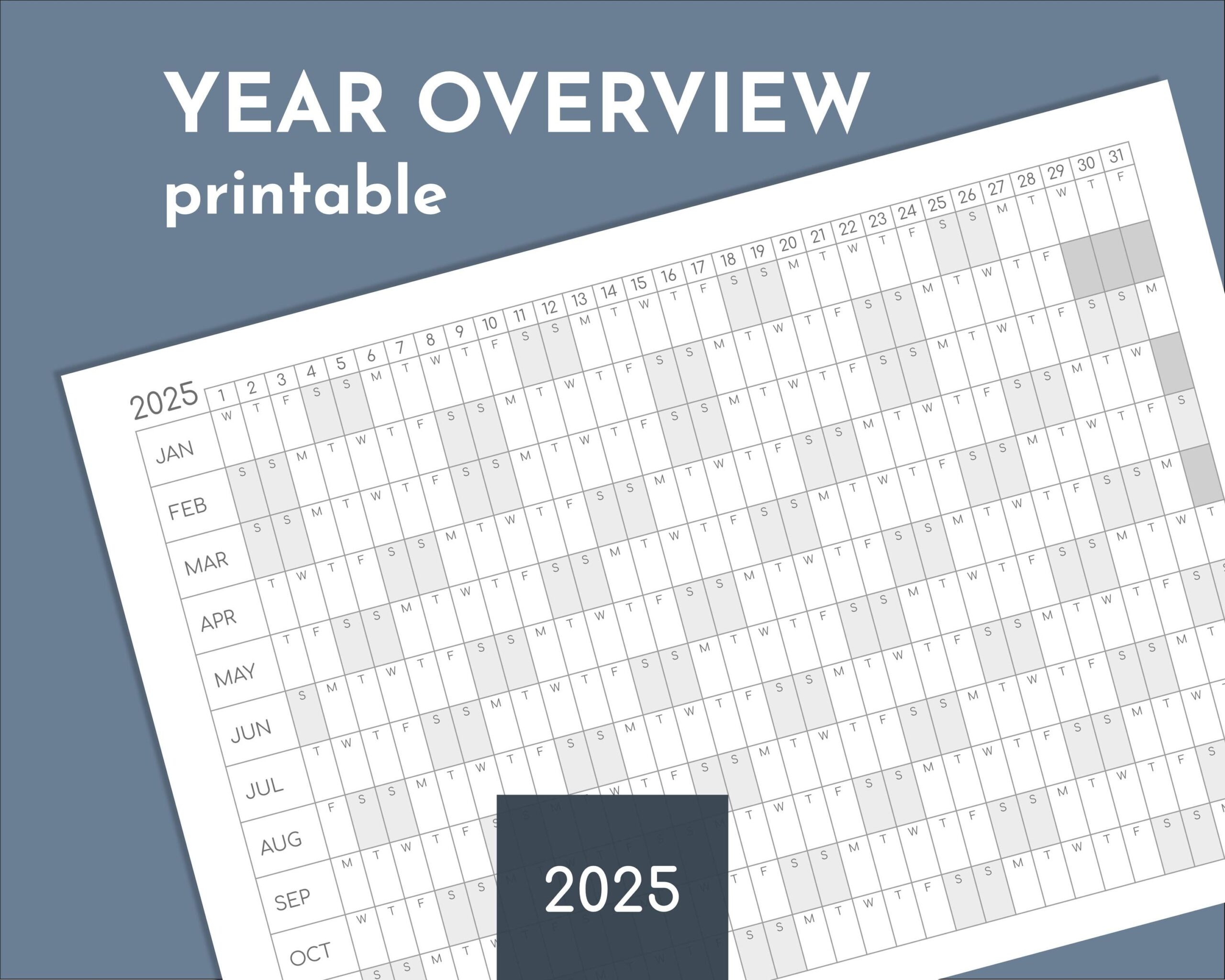 2025 Yearly Overview Printable Calendar Year On One Page Print 