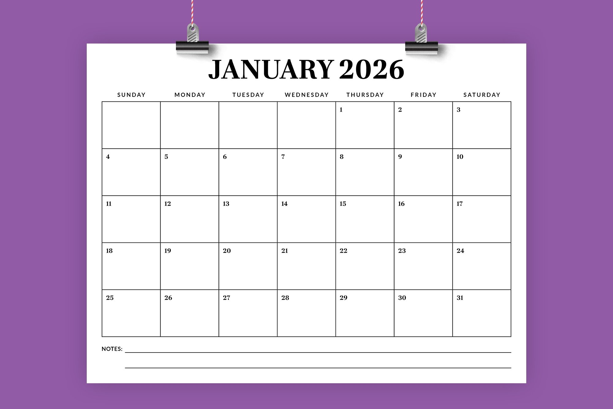Free Printable Calendar 2026 January Purple