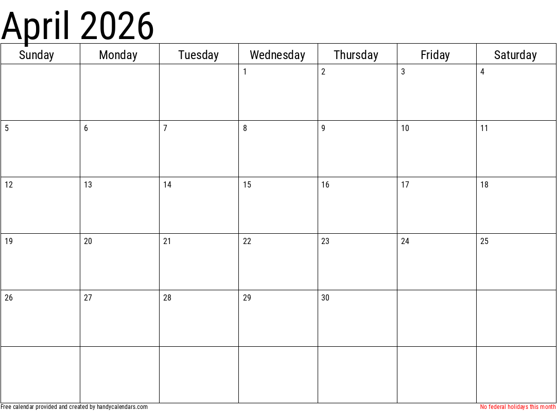 2026 April Calendars Handy Calendars