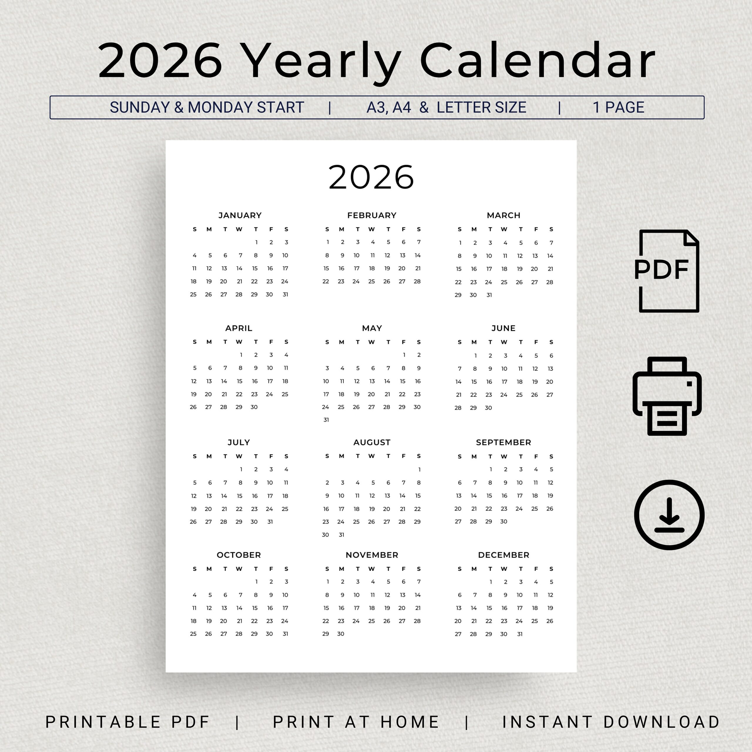 2026 Calendar 2026 Yearly Calendar Printable 2026 Wall Calendar 2026 Year At A Glance Minimalist Calendar A3 A4 Letter Monday U0026 Sunday Start Etsy