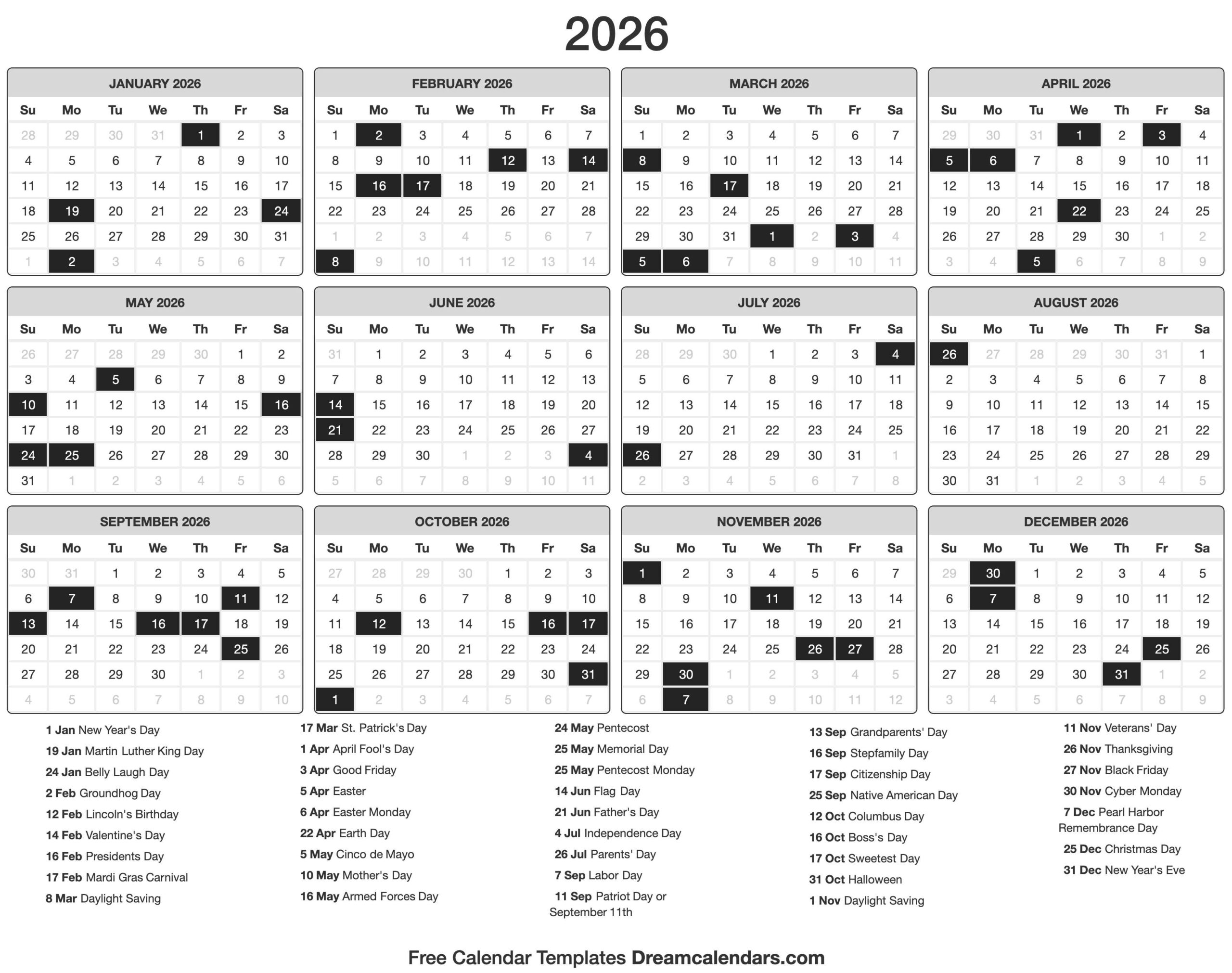 Free Printable Black And White April 2026 Calendar With Holidays
