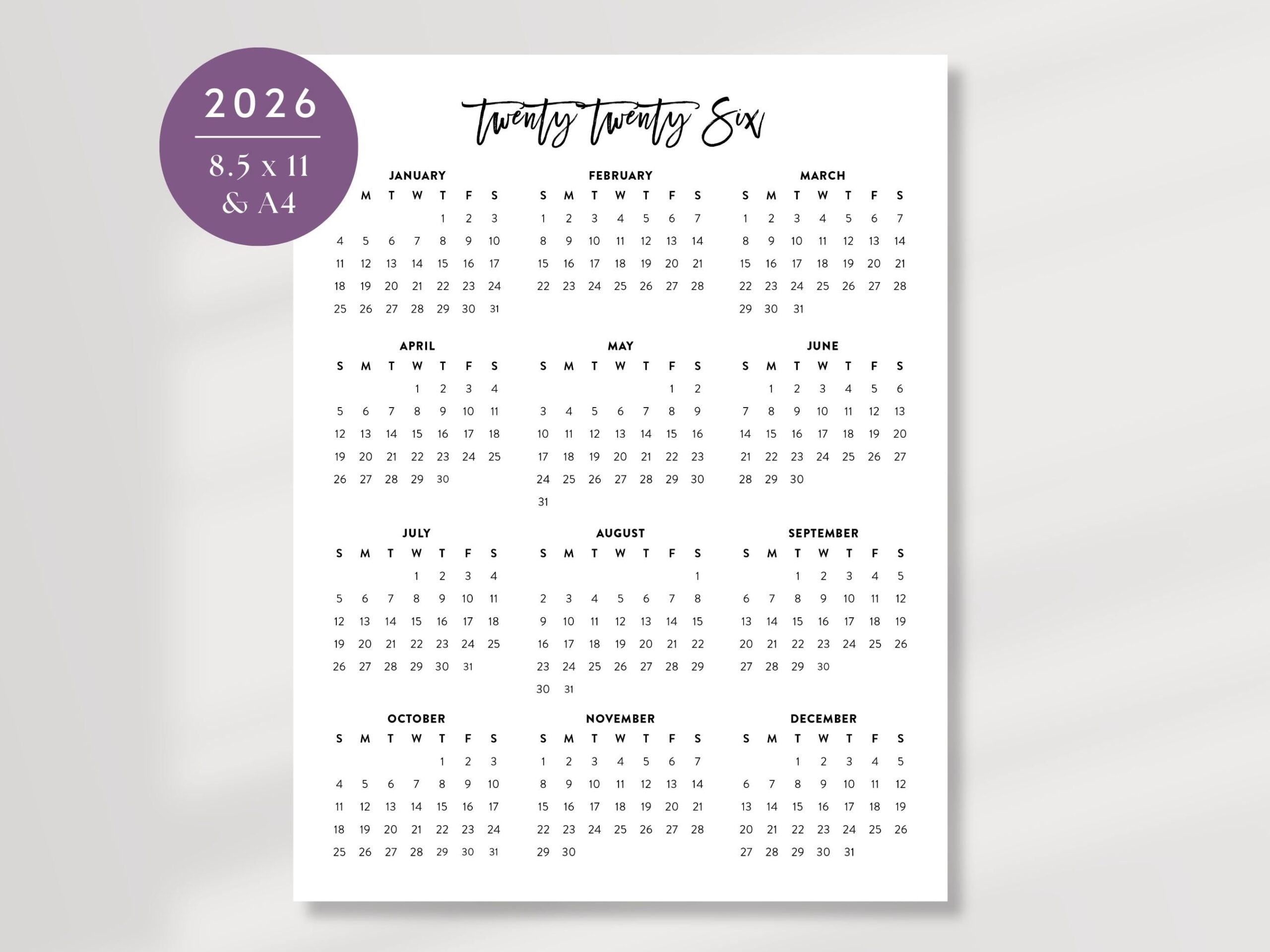 2026 Simple Calendar Printable 2026 Calendar 2026 Desk Planner Letter 8 5x11 And A4 Instant Download Digital Calendar Minimalist Etsy