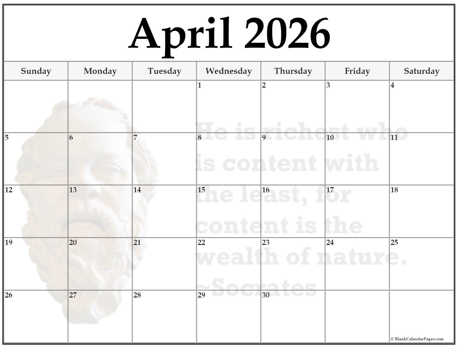 Blank Calendar April 2026 Printable