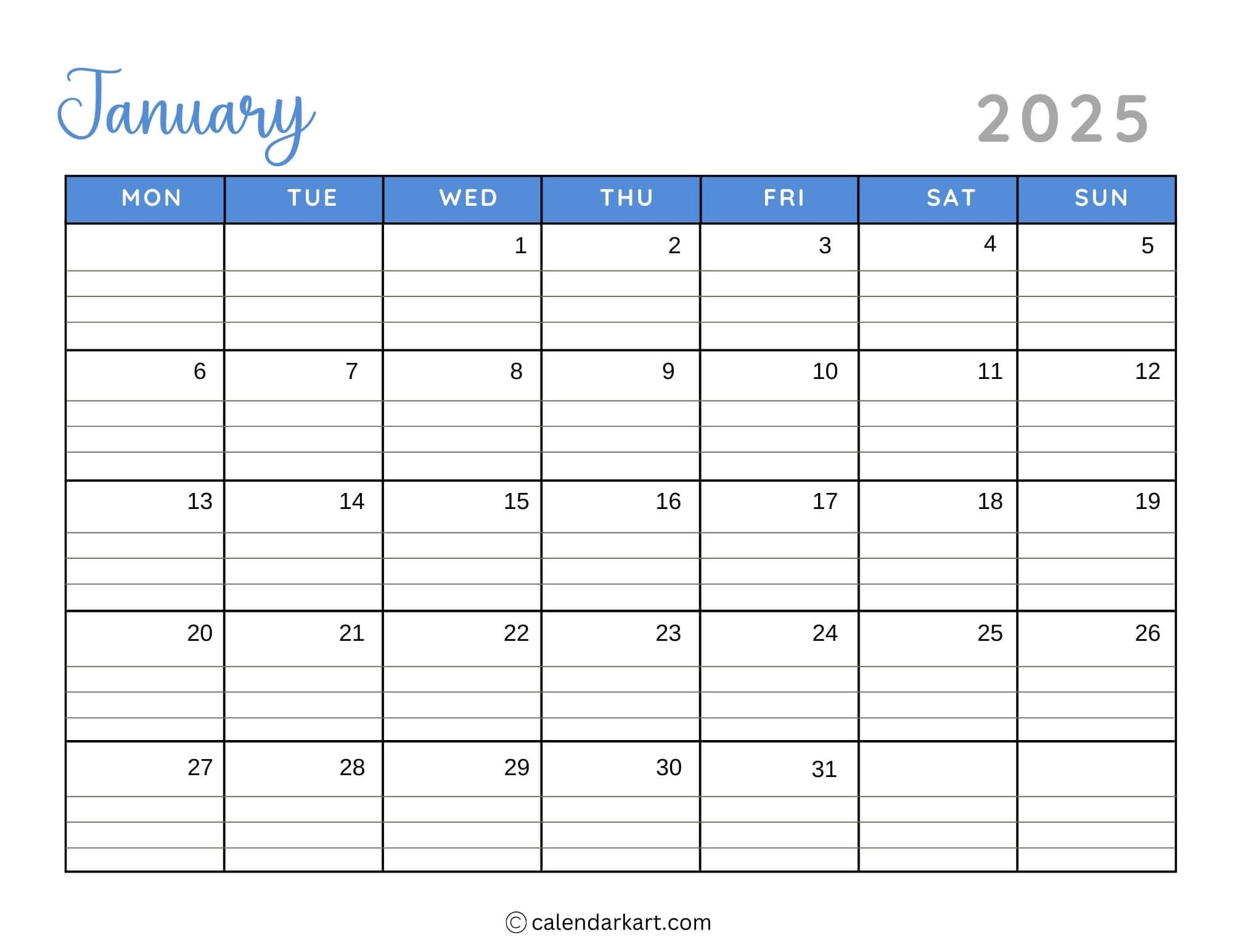 40 Printable January 2025 Calendars Free Pdf Calendarkart