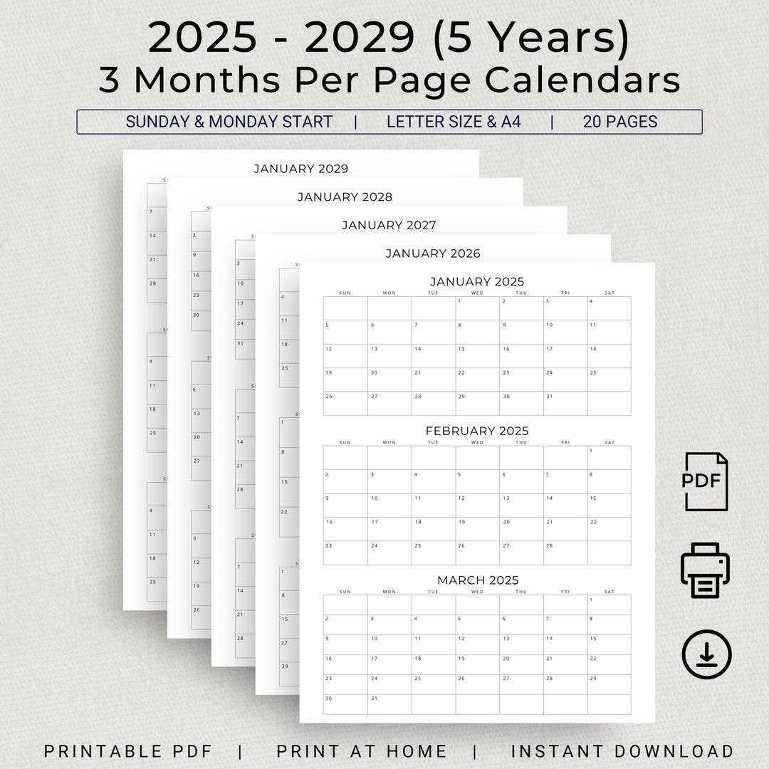 5 Years Calendar 2025 To 2029 Printable 3 Months Per Page Calendar Quarterly Calendar 2025 2026 2027 2028 2029 Minimal Planner Monthly PDF Etsy