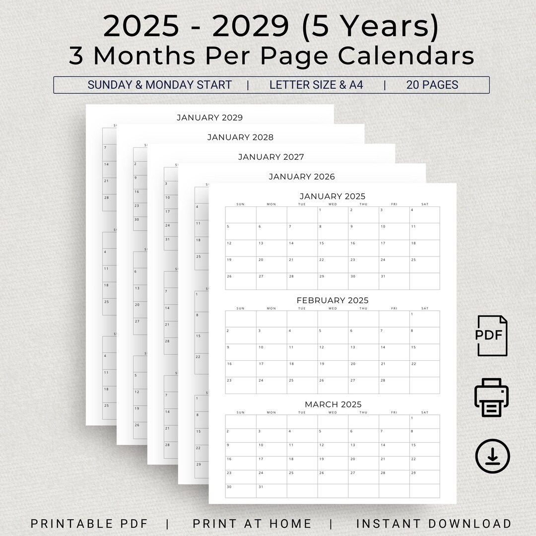 5 Years Calendar 2025 To 2029 Printable 3 Months Per Page Calendar 