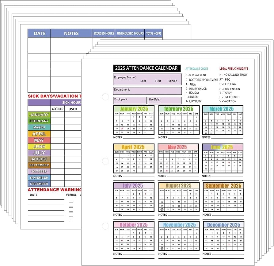 Amazon 2025 Attendance Calendar Card Work Tracker 25 Sheets Employee Work Tracker Attendance Calendar Cards 2025 Attendance Sheets For 3 Hole Binder Employee Record Folders 8 5 X 11 Inch Office Products