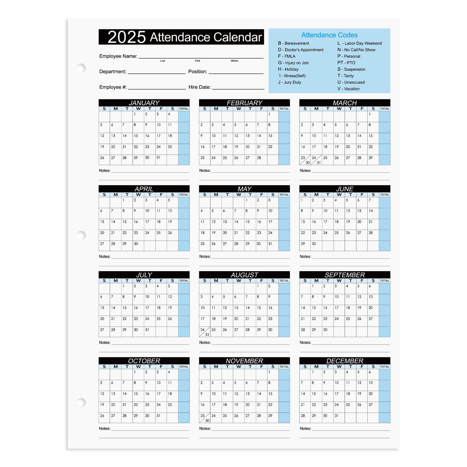 Amazon 2025 Attendance Calendar Work Tracker Attendance Calendar Cards 8 5 X 11 Cardstock Pack Of 25 Sheets Office Products