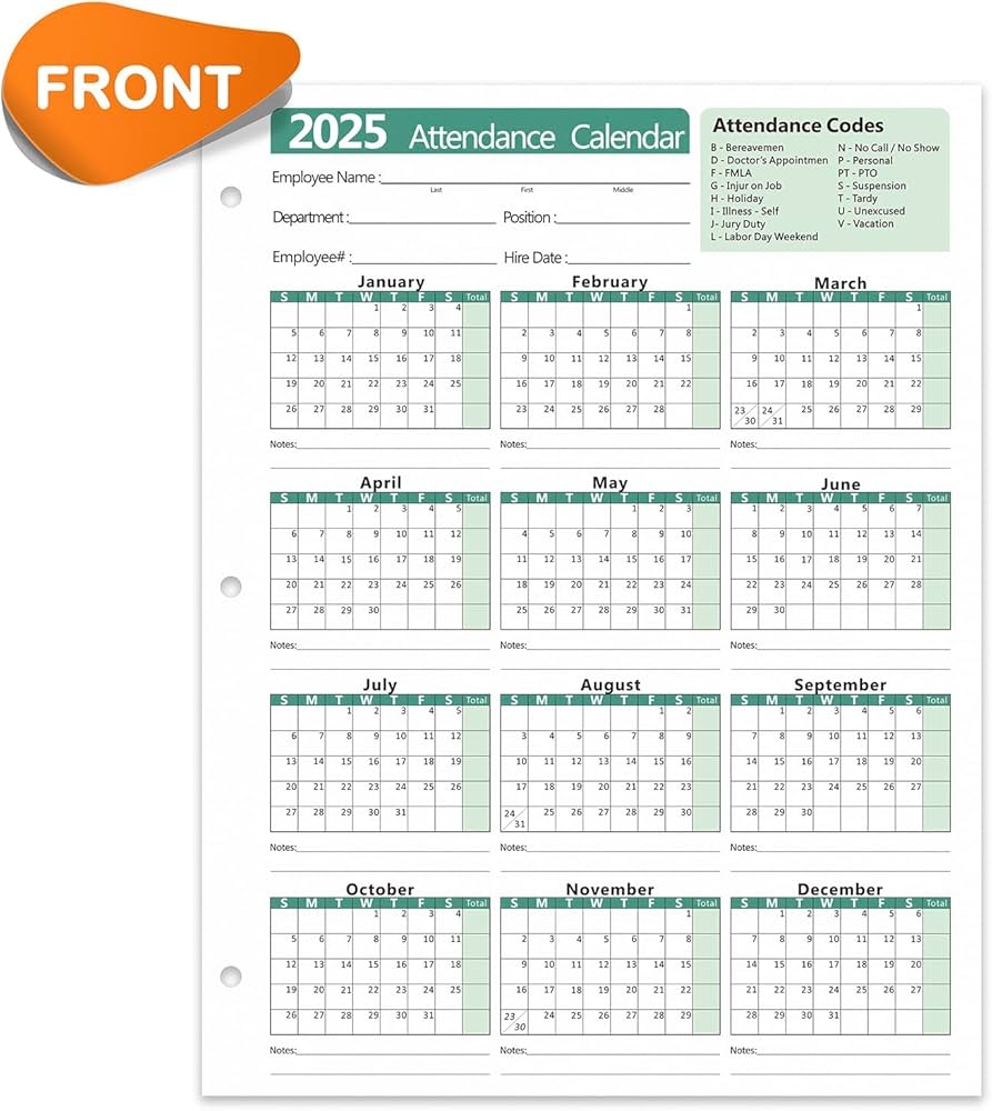 Amazon Vistarise 2025 Attendance Calendar Pack Of 25 Sheets Employee Work Tracker Attendance Calendar Cards Each Sheet 8 5 X 11 100lb 